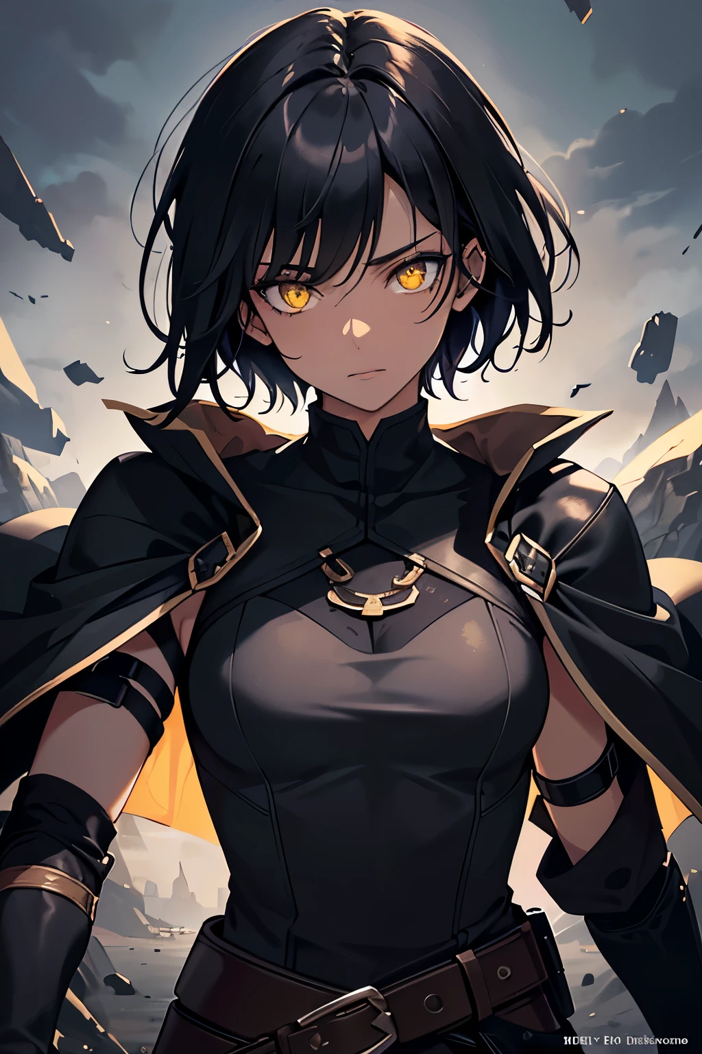 (high-quality, breathtaking),(expressive eyes, perfect face) ((1boy)), male, solo, young adult, black hair, yellow eyes, (short spiky hairstyles) short hair length, (dark skin), soft serious expression, Archer profession, thief attire, cargo pants, lots of belts, Black leather armor, cloak and dagger, environment background, fantasy clothing, fantasy attire, DnD rogue Class, half body, black and brown clothing palette, ((tan skin color)), rogue, leather arm guards, fantasy, (big Stigmata), character focus, ((black light)),((dark lighting)), cinematic lighting ,(darkness), (concept art), (glowing eyes), high resolution, extremely detailed CG unity 8k wallpaper, ((masterpiece)), ((top-quality)), (beautiful illustration), ((an extremely delicate and beautiful)), (masterpiece, Best quality, ultra high resolution), glowing yellow eyes, Luminous_eyes, ultra detailed eyes, Beautiful and detailed face, detailed eyes, (Centered, torso), (wide shot:0.9), facing the viewer, Eye level, ((fully clothed))
