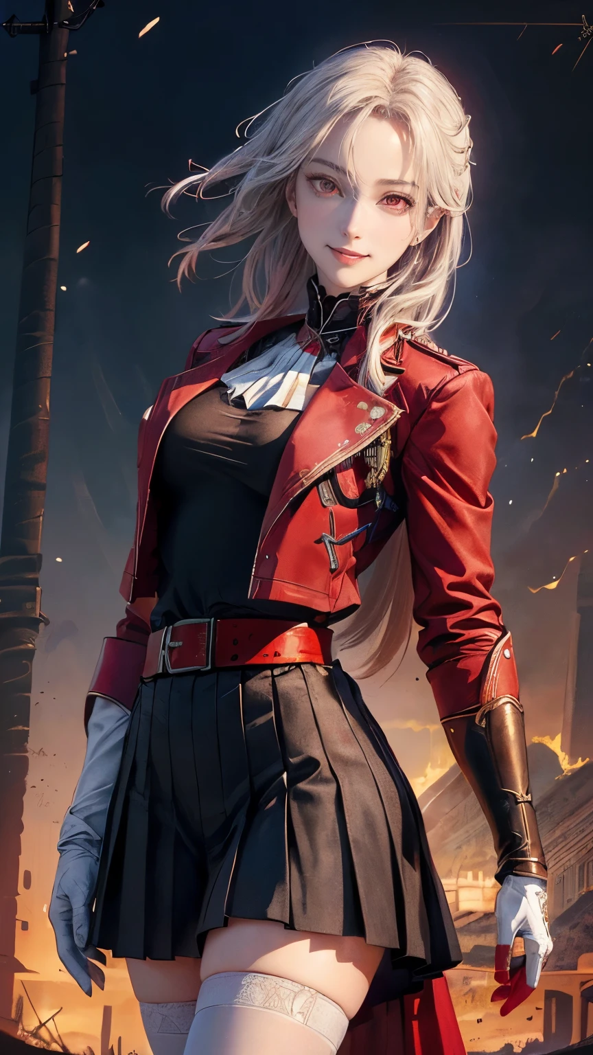 highest quality, 4K, High resolution, masterpiece:1.2, Super detailed,(front:1.9), (Realistic, Realistic, Photorealistic:1.6), Vibrant, red and blue eyes,Strong gaze,Seductive eye contact,Bright red iris,Shining stars in the dark blue,Sparkling Eyes,vividな色彩,(frontを向く:1.5),Fantasy art,(masterpiece:1.2, highest quality), (Realistic, photoRealistic:1.4), Beautiful illustrations, (Natural Side Lighting, Cinema Lighting), Looking at the audience, Upper Body, "Dramatic hyper-realistic aafng ultra-realistic illustrations,Braiding,uniform,Red jacket,Straps to be placed between the breasts,White gloves,belt,Pleated skirt,Black Skirt,White Pantyhose,Cowboy Shot,Are standing,Outdoor,View your viewers,Arms at your sides,Straight,(Huge breasts:1.1),Tight waist,(Forced smile:1.5),(Red eyes:1.5),(Huge Ass)",Pixabay,8k,Low angle shot,vivid,Cinema Lighting,(Very detailed),(Depth of written boundary:1.5)