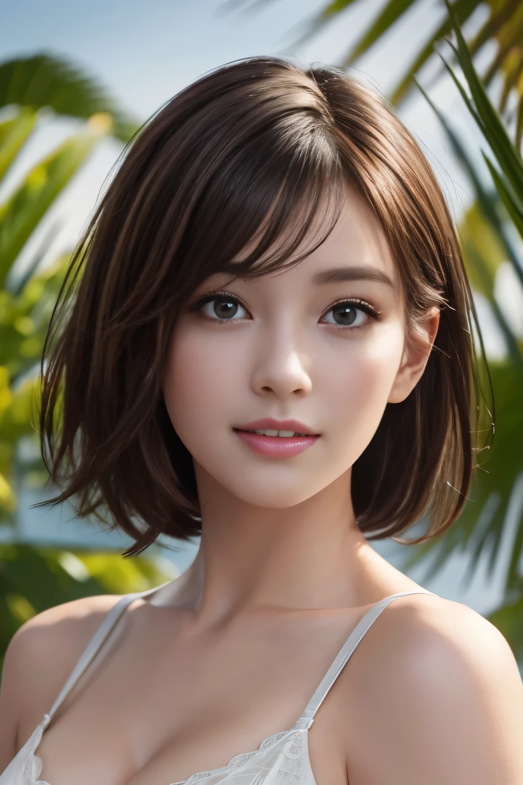 Fashion model 25 years old [[[[close-up]]], [[[[chest]]]], [[[[neck]]], [shoulders]]]]], Perfect eyes, Perfect iris, Perfect lips, Perfect teeth, Perfect skin, Soft front light, Glow, HDR, (Soft color: 1.2), Best quality, masterpiece, ultra high res, (photorealistic:1.37), raw photo, 1girl, long hair, beautifull eyes, beautifull face, detailed eyes and face, t-shirt, dynamic lighting, in the dark, table top, highest quality, realistic, Super detailed, finely, High resolution, 8k wallpaper, 1 beautiful woman, light brown messy hair, He is wearing an open-necked shirt., sharp focus, perfect dynamic composition, beautiful and detailed eyes, thin hair, Detailed realistic skin texture, smile, close-up portrait, model body shape, mile, close-up portrait, model body shape, body shape,cleavage, tropical beach, thin and long legs Translated with DeepL.com (free version)Top Quality, Masterpiece, (Realistic:1.2), 1 girl, detailed face, beautiful eyes, (Masterpiece:1.2, Top Quality), (fine beautiful eyes: 1. 2), (highly detailed Cg Unity 8K wallpaper, Masterpiece, Top Quality, super detailed, best shadow), (detailed background), (beautiful detailed face, beautiful detailed eyes), high contrast, (best lighting, very delicate and beautiful),1girll, beautiful detailed glow, glamorous body, blond hair, purple eyes, best quality, Masterpiece, (Real:1. 2),tropical seaside, very detailed, super high resolution, super high image quality,
(masterpiece:1.3), (8k, photorealistic, RAW photo, best quality: 1.4), (1girl), beautiful face, smile, (realistic face), (black hair, short hair:1.3), beautiful hairstyle, realistic eyes, beautiful detailed eyes, (realistic skin), beautiful skin, (Sexy sleeveless),  (C cup bust), absurdres, attractive, ultra high res, ultra realistic, highly detailed, golden ratio