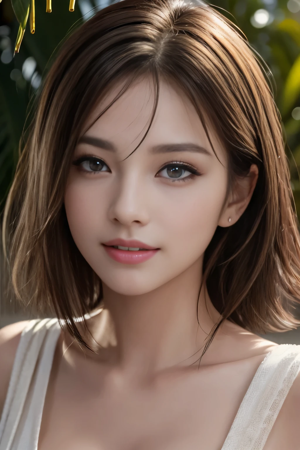 Fashion model 25 years old [[[[close-up]]], [[[[chest]]]], [[[[neck]]], [shoulders]]]]], Perfect eyes, Perfect iris, Perfect lips, Perfect teeth, Perfect skin, Soft front light, Glow, HDR, (Soft color: 1.2), Best quality, masterpiece, ultra high res, (photorealistic:1.37), raw photo, 1girl, long hair, beautifull eyes, beautifull face, detailed eyes and face, t-shirt, dynamic lighting, in the dark, table top, highest quality, realistic, Super detailed, finely, High resolution, 8k wallpaper, 1 beautiful woman, light brown messy hair, He is wearing an open-necked shirt., sharp focus, perfect dynamic composition, beautiful and detailed eyes, thin hair, Detailed realistic skin texture, smile, close-up portrait, model body shape, mile, close-up portrait, model body shape, body shape,cleavage, tropical beach, thin and long legs Translated with DeepL.com (free version)Top Quality, Masterpiece, (Realistic:1.2), 1 girl, detailed face, beautiful eyes, (Masterpiece:1.2, Top Quality), (fine beautiful eyes: 1. 2), (highly detailed Cg Unity 8K wallpaper, Masterpiece, Top Quality, super detailed, best shadow), (detailed background), (beautiful detailed face, beautiful detailed eyes), high contrast, (best lighting, very delicate and beautiful),1girll, beautiful detailed glow, glamorous body, blond hair, purple eyes, best quality, Masterpiece, (Real:1. 2),tropical seaside, very detailed, super high resolution, super high image quality,
(masterpiece:1.3), (8k, photorealistic, RAW photo, best quality: 1.4), (1girl), beautiful face, smile, (realistic face), (black hair, short hair:1.3), beautiful hairstyle, realistic eyes, beautiful detailed eyes, (realistic skin), beautiful skin, (Sexy sleeveless),  (C cup bust), absurdres, attractive, ultra high res, ultra realistic, highly detailed, golden ratio