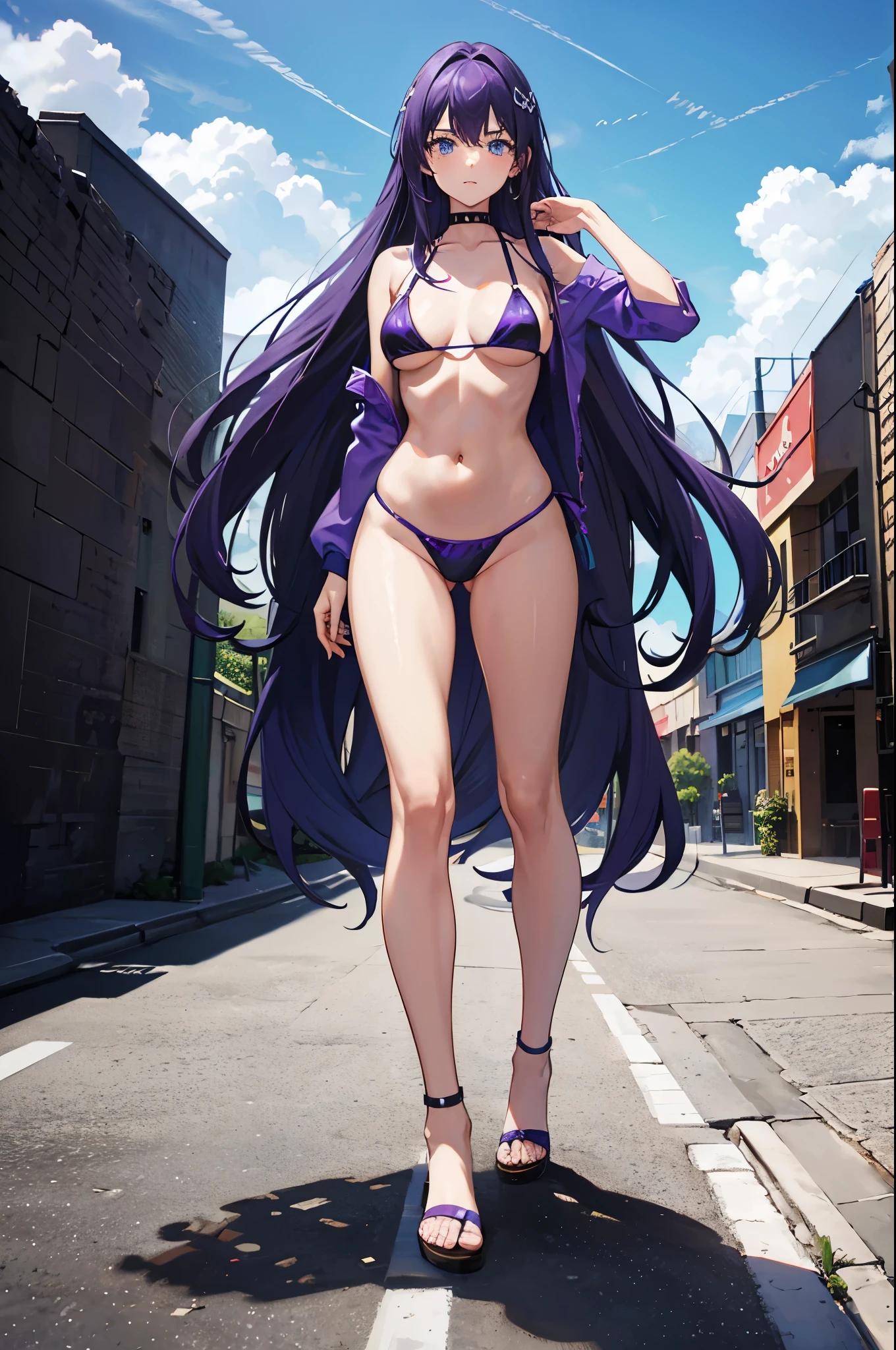 1woman, long hair, purple hair, blue eyes, bikini, standing on ground, high res, ultra sharp, 8K, masterpiece