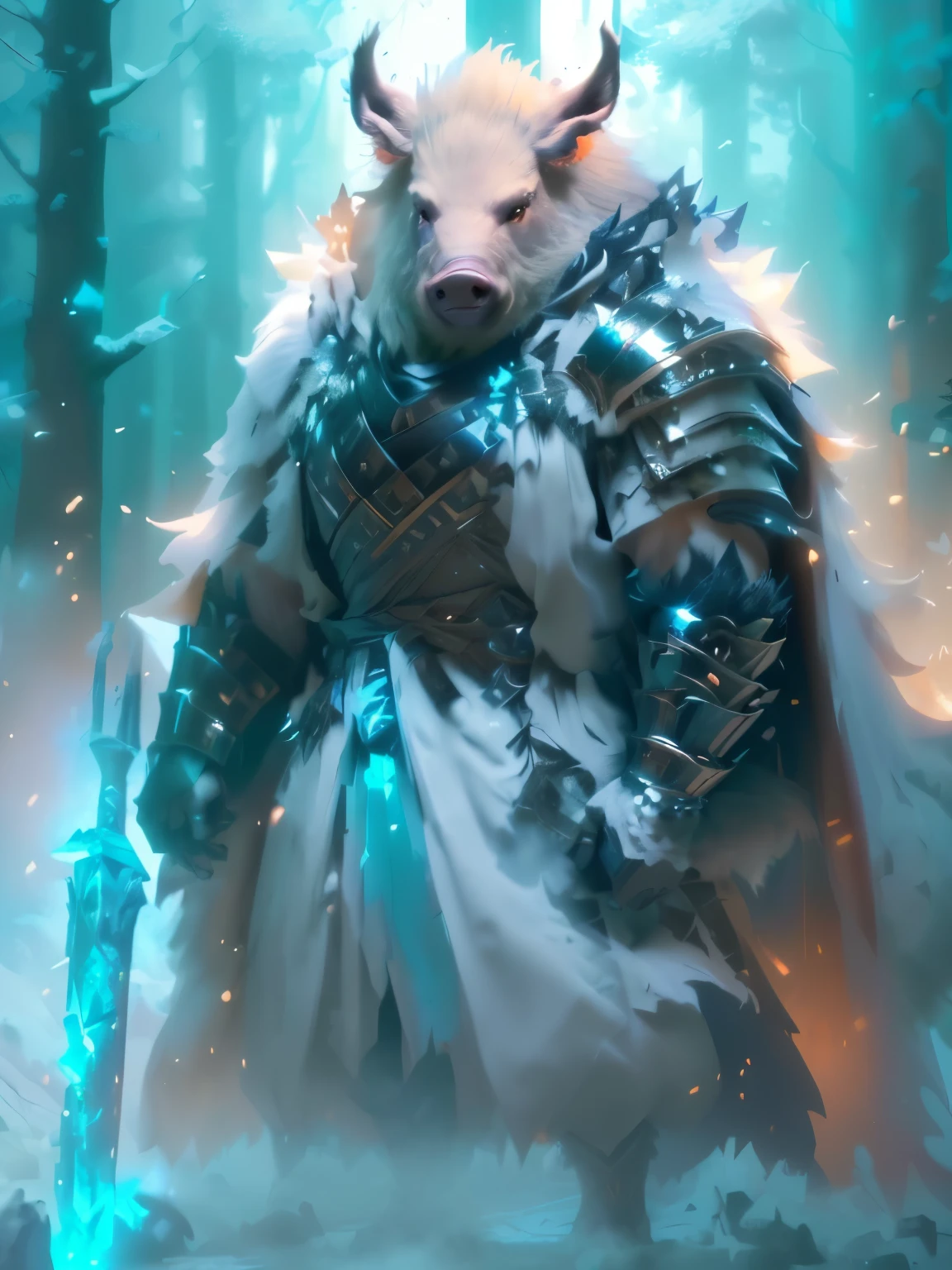 best quality,ultra-detailed,highres,(realistic,photorealistic:1.37),huge boar in armor with white cloth,detailed boar face and body,fat boar,armored beast,RPG,armored boar with tattered white cloth,beast with intricate armor,imposing creature,cloth-wrapped armor,giant boar in battle gear,strong boar with white fabric draped armor,beastly creature in protective gear,fierce creature clad in weighted armor,dark fantasy,animal in full plated armor,threatening presence,white cloth flowing in the wind,mythical creature adorned with fabric,large boar with protective covering,strategic forest creature,fantasy battles,creature of legends,beast of epic proportions,dystopian RPG,wild boar ready for combat,dark RPG world,beast with bulked-up armor,destruction in its path,evocative lighting,boar with intimidating armor,strong physique,ferocious boar in scale armor,fantastical RPG setting,RPG-inspired beast,detailed fur texture,warrior boar in sturdy armor,harsh lighting accentuating the boar's intimidating presence,vibrant colors,boar with steely determination,creature emerging from the shadows