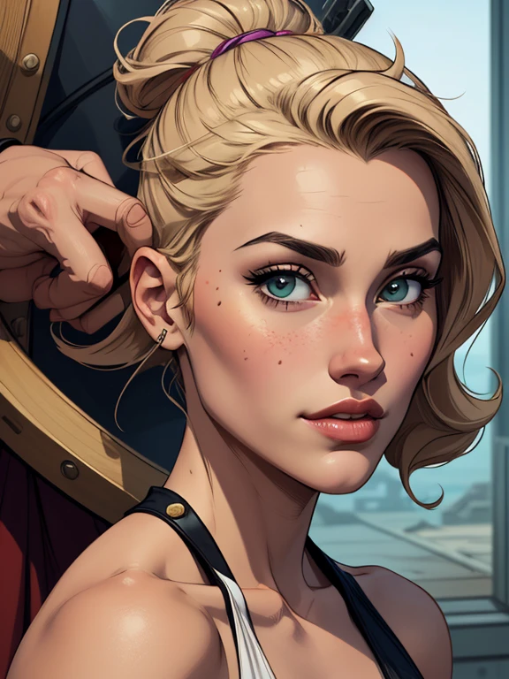 Personagem mulher estilo atompunk Fallout 4 cabelos pretos  atriz Ella Purnell com marcas de guerras Imagem de desenho animado de uma mulher .Ilustracaoo estilo desenho animado, estilo de arte dos desenhos animados, estilo de arte dos desenhos animados, digital illustration style, estilo atompunk design de personagens altamente detalhado, arte digital detalhada coragem,atriz Ella Purnell com cabelos pretos um close up de uma mulher em um vestido verde com uma espada, extremely detailed artegerm, Wlop Ross sorteios, sedutor elfo princesa cavaleiro, ashé, garota de armadura, girl of the zodiac knights, style , garota elfa, uma guerreira loira sexy, uma guerreira loira esmeralda, elfa, Ross Draws 1. 0, even GTA model