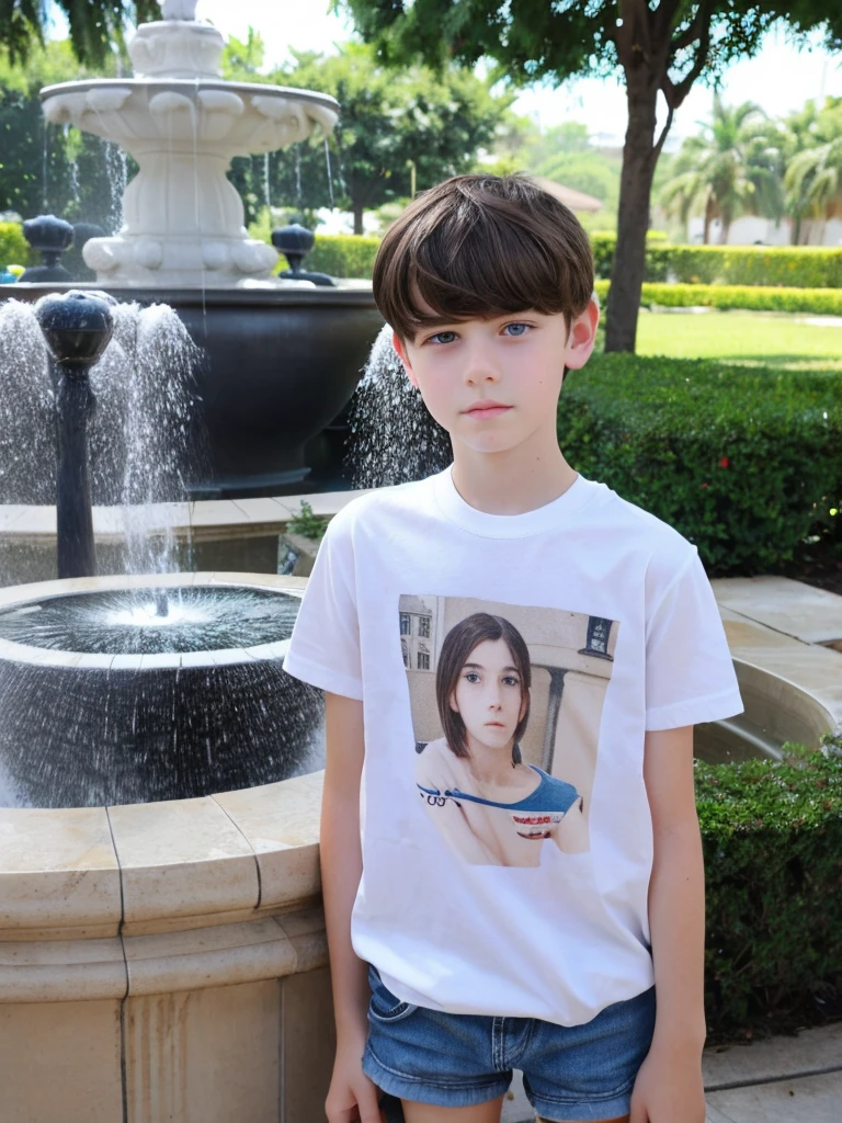 A beautiful and very tender 13-year-old boy with white skin, small blue eyes., light brown hair fine features and serious mid-torso t-shirt short black shorts next to a fountain