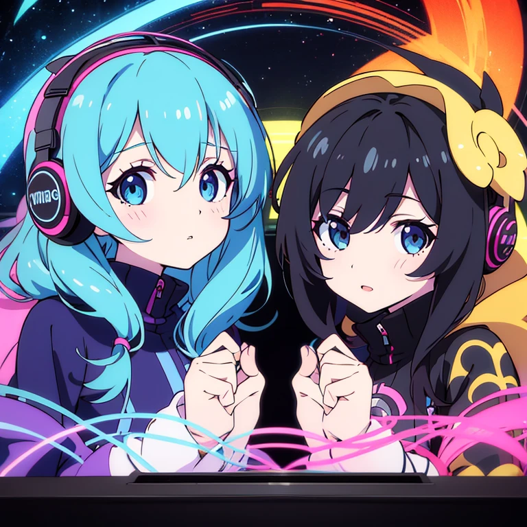 two anime girls in headphones are playing music on a turntable, anime vibes, anime style 4 k, ig studios anime style, nightcore, 8 0 s anime vibe, anime girls, anime style. 8k, lofi artstyle, dj sura, anime moe artstyle, anime style illustration, trending on cgstation, anime style artwork, e - girl flying attack 筆絵