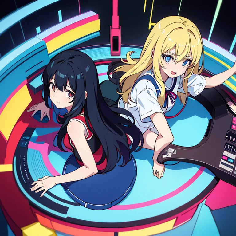 two anime girls in headphones are playing music on a turntable, anime vibes, anime style 4 k, ig studios anime style, nightcore, 8 0 s anime vibe, anime girls, anime style. 8k, lofi artstyle, dj sura, anime moe artstyle, anime style illustration, trending on cgstation, anime style artwork, e - girl flying attack 筆絵