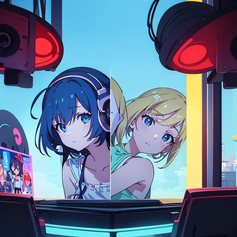two anime girls in headphones are playing music on a turntable, anime vibes, anime style 4 k, ig studios anime style, nightcore, 8 0 s anime vibe, anime girls, anime style. 8k, lofi artstyle, dj sura, anime moe artstyle, anime style illustration, trending on cgstation, anime style artwork, e - girl flying attack 筆絵