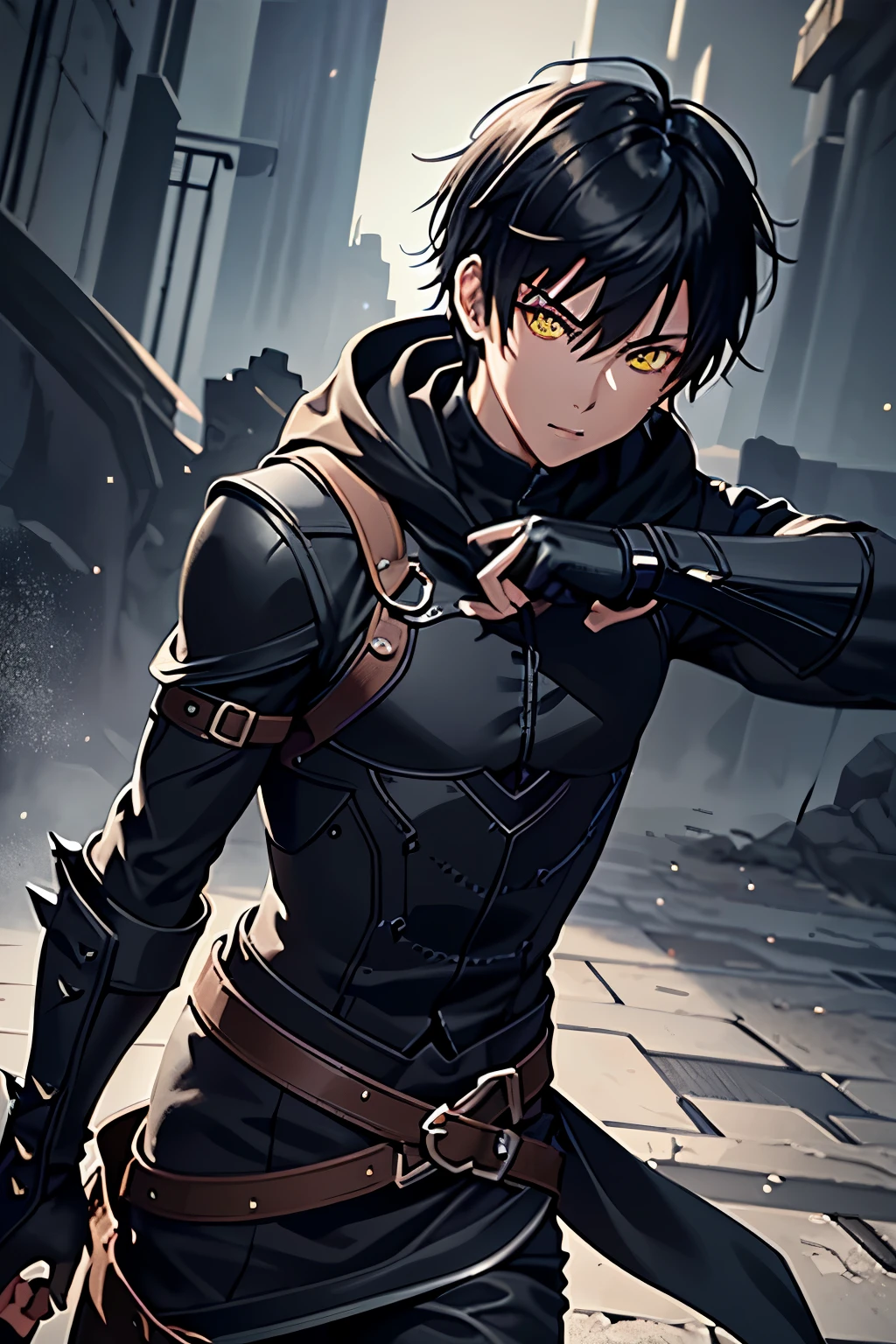 (high-quality, breathtaking),(expressive eyes, perfect face) ((1boy)), male, solo, young adult, black hair, yellow eyes, (short spiky hairstyles) short hair length, (dark skin), soft serious expression, Archer profession, thief attire, cargo pants, lots of belts, Black leather armor, cloak and dagger, environment background, fantasy clothing, fantasy attire, DnD rogue Class, half body, black and brown clothing palette, ((tan skin color)), rogue, leather arm guards, fantasy, (big Stigmata), character focus, ((black light)),((dark lighting)), cinematic lighting ,(darkness), (concept art), (glowing eyes), high resolution, extremely detailed CG unity 8k wallpaper, ((masterpiece)), ((top-quality)), (beautiful illustration), ((an extremely delicate and beautiful)), (masterpiece, Best quality, ultra high resolution), glowing yellow eyes, Luminous_eyes, ultra detailed eyes, Beautiful and detailed face, detailed eyes, (Centered, torso), (wide shot:0.9), facing the viewer, Eye level, ((fully clothed))
