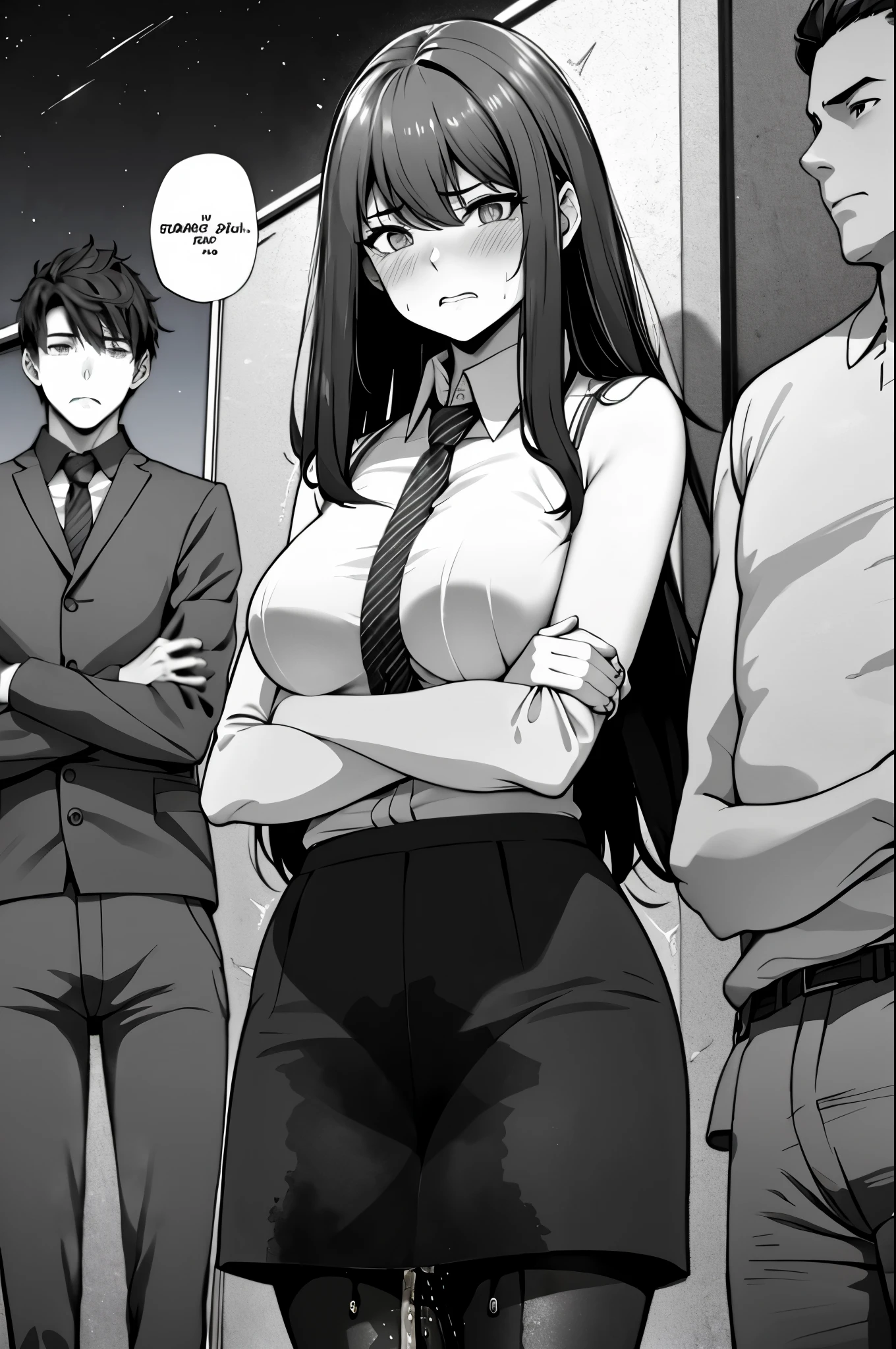 A woman with long black hair, wearing a business outfit consisting of a suit, pencil skirt:, and pantyhose, stands in a monochrome setting. The artwork is inspired by manga and incorporates a doujin style. The woman appears to be (wetting herself:1.5), which causes her to feel embarrassed and humiliated, resulting in a blush on her face. In addition, there is an air of anger in her expression. The lighting in the scene is moody, with a spotlight highlighting the woman's figure. She is crossing her arms, (arms crossed:1.75), fully showcasing her skirt., medium breasts