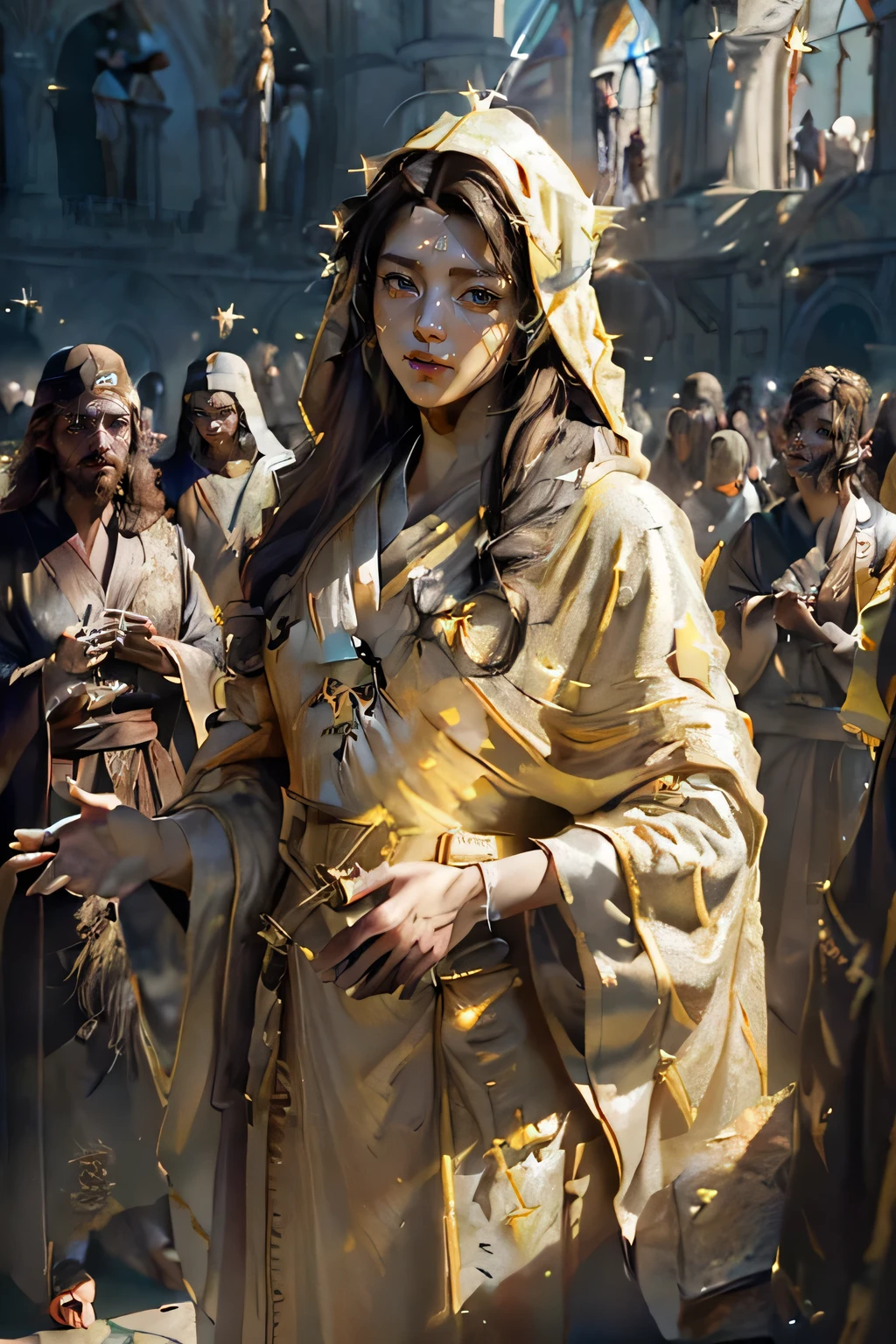 ((Masterpiece:1.3), Jesus Christ with His Apostles Surrounded by a Crowd, realistically depicted, Detailed faces and clothing, (Historically accurate:1.4), (Luminous robes:1.5), (Divine aura:1.5), The crowd in the background, (HDR:1.4), (Ray tracing:1.3), (NVIDIA RTX:1.3), (Hyper-Resolution:1.4), (Unreal 5:1.2), Jesus at the center, Apostles to the side, (Sub-Surface Scattering:1.4), (PBR Texturing:1.3