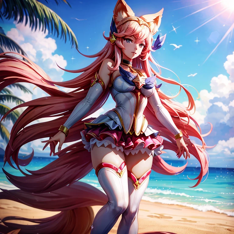 Star guardian Ahri, bem detalhado, pink bikini in uniform style, na praia, mostrando o corpo todo, bastante sensual, durante o por do sol, com suas caldas bastante chamativas.