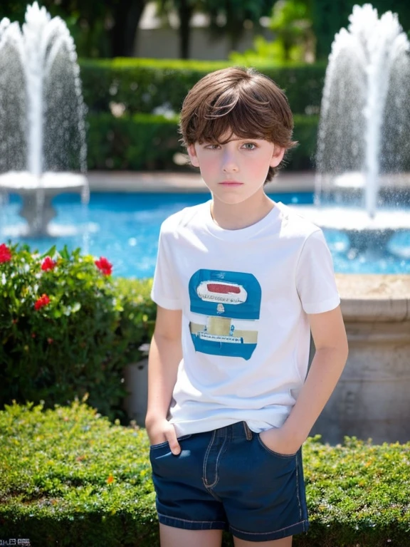 A beautiful and very tender 13-year-old boy with white skin, small blue eyes., light brown hair, fine and serious features, t-shirt above the defined chest, short black shorts next to a fountain