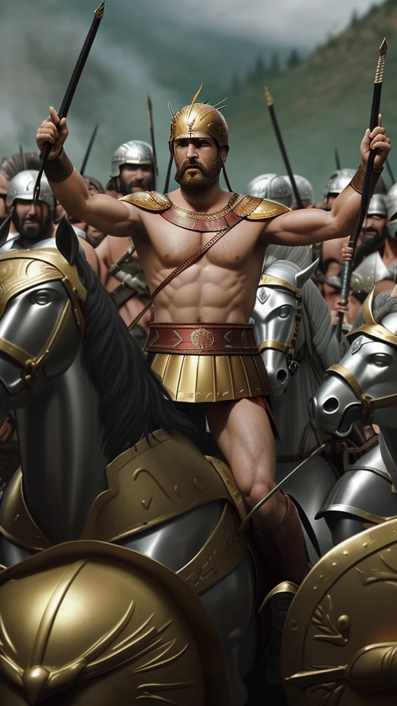 Create an image depicting King Leonidas of Sparta leading his troops in the Battle of Thermopylae against the Persian army in 480 BC.