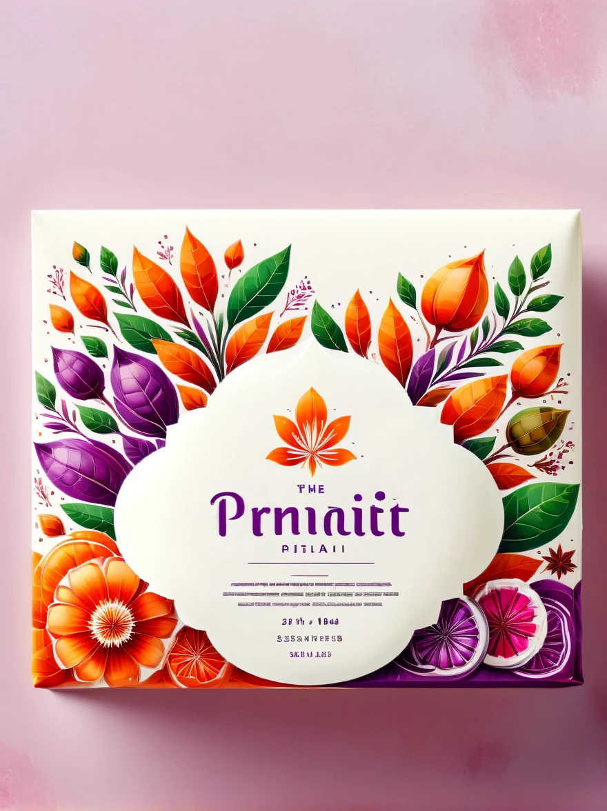 Design a minimalist food label for a non-specific brand, taking inspiration from the vibrant colors of India. The label should feature clean lines and simple typography, expressing a commitment to simplicity and efficiency. Use a soft shade of purple for the background, to symbolize elegance and creativity. Incorporate a delicate pink lotus flower into the design, as it's a symbol of purity and spirituality in Indian culture. Place a stylized logo prominently at the top, utilizing a sleek modern font. Also, incorporate a small illustration of traditional Indian spices to indicate the country of origin. The overall aesthetic should be fresh and contemporary, ideally capturing the spirit of India while still retaining a modern feel. This design should evoke a sense of authenticity and quality, allowing it to stand out on the shelves.