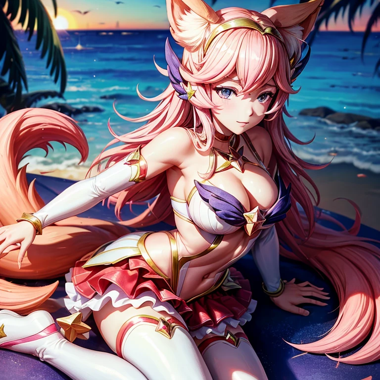 Star guardian Ahri, bem detalhado, pink , na praia, mostrando o corpo todo, bastante sensual, durante o por do sol, com suas caldas bastante chamativas.