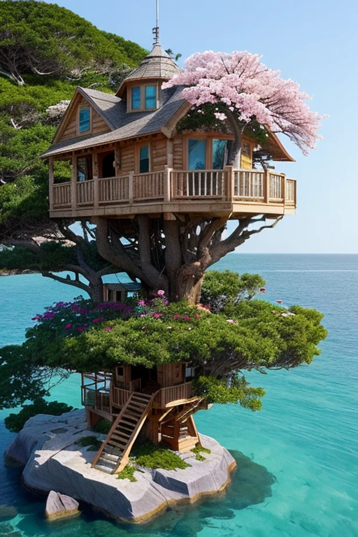 Perfection The Coolest Tree house on a large rock in the middle of the sea with flowers in front of the house and trees on both sides of the house