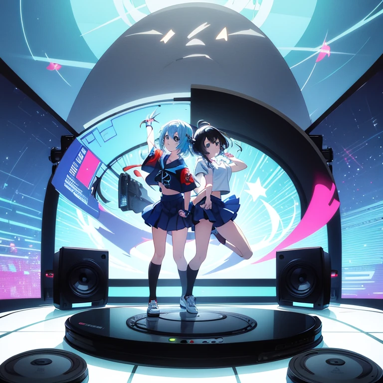 two anime girls in headphones are playing music on a turntable, anime vibes, anime style 4 k, ig studios anime style, nightcore, 8 0 s anime vibe, anime girls, anime style. 8k, lofi artstyle, dj sura, anime moe artstyle, anime style illustration, trending on cgstation, anime style artwork, e - girl flying attack dancing flower