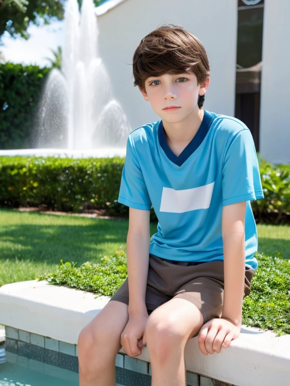A beautiful and very tender -yeld boith white skin, small blue eyes., light brown hair fine and serious features t-shirt above defined chest short black shorts next to a fountain strong legs