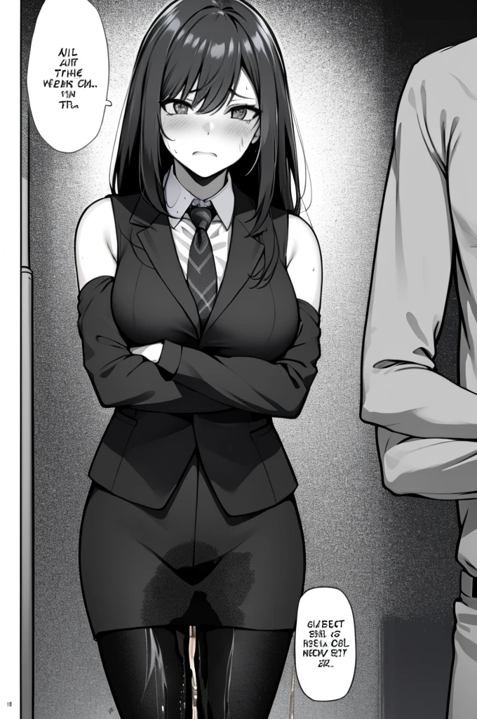 A woman with long black hair, wearing a business outfit consisting of a suit, pencil skirt:, and pantyhose, stands in a monochrome setting. The artwork is inspired by manga and incorporates a doujin style. The woman appears to be (wetting herself:1.5), which causes her to feel embarrassed and humiliated, resulting in a blush on her face. In addition, there is an air of anger in her expression. The lighting in the scene is moody, with a spotlight highlighting the woman's figure. She is crossing her arms, (arms crossed:1.75), fully showcasing her skirt., medium breasts
