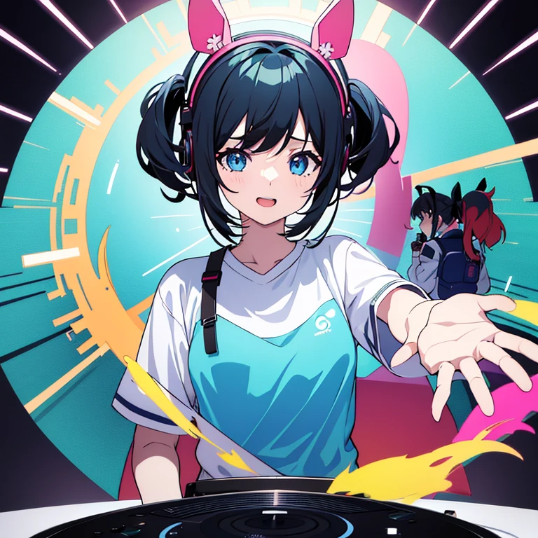 two anime girls in headphones are playing music on a turntable, anime vibes, anime style 4 k, ig studios anime style, nightcore, 8 0 s anime vibe, anime girls, anime style. 8k, lofi artstyle, dj sura, anime moe artstyle, anime style illustration, trending on cgstation, anime style artwork, e - girl flying attack dancing flower