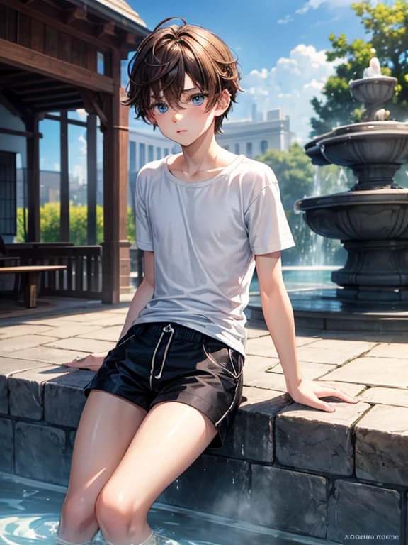 A beautiful and very tender -yeld boith white skin, small blue eyes., light brown hair fine and serious features t-shirt above defined bare chest short black shorts next to a fountain strong legs