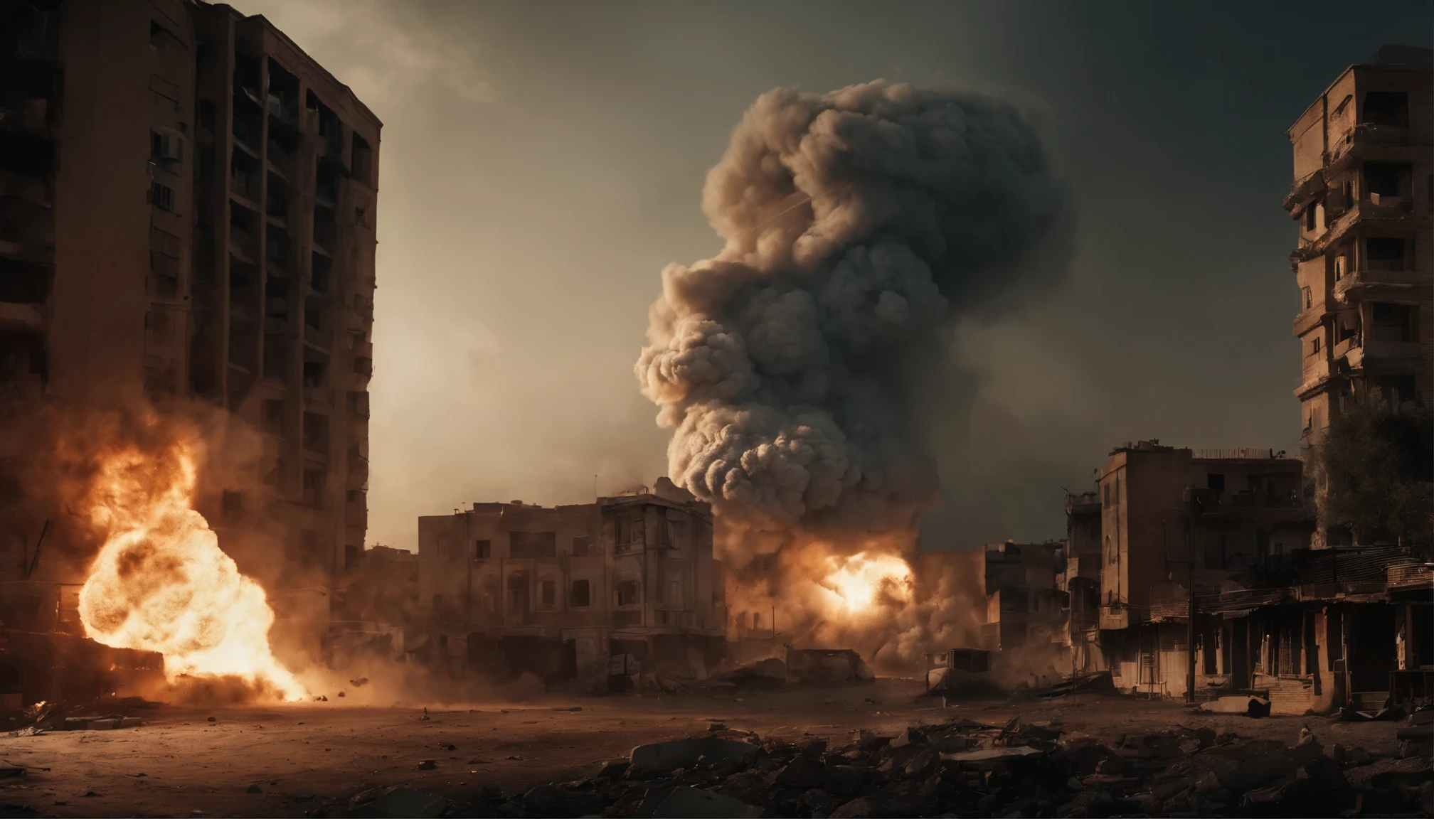 "Generate a striking image of a massive explosion in an Iranian city, captured from a distance. Ensure high-resolution quality to vividly depict the scale and impact of the explosion. Convey the chaos and devastation of the scene, emphasizing the urgency and danger of the situation."