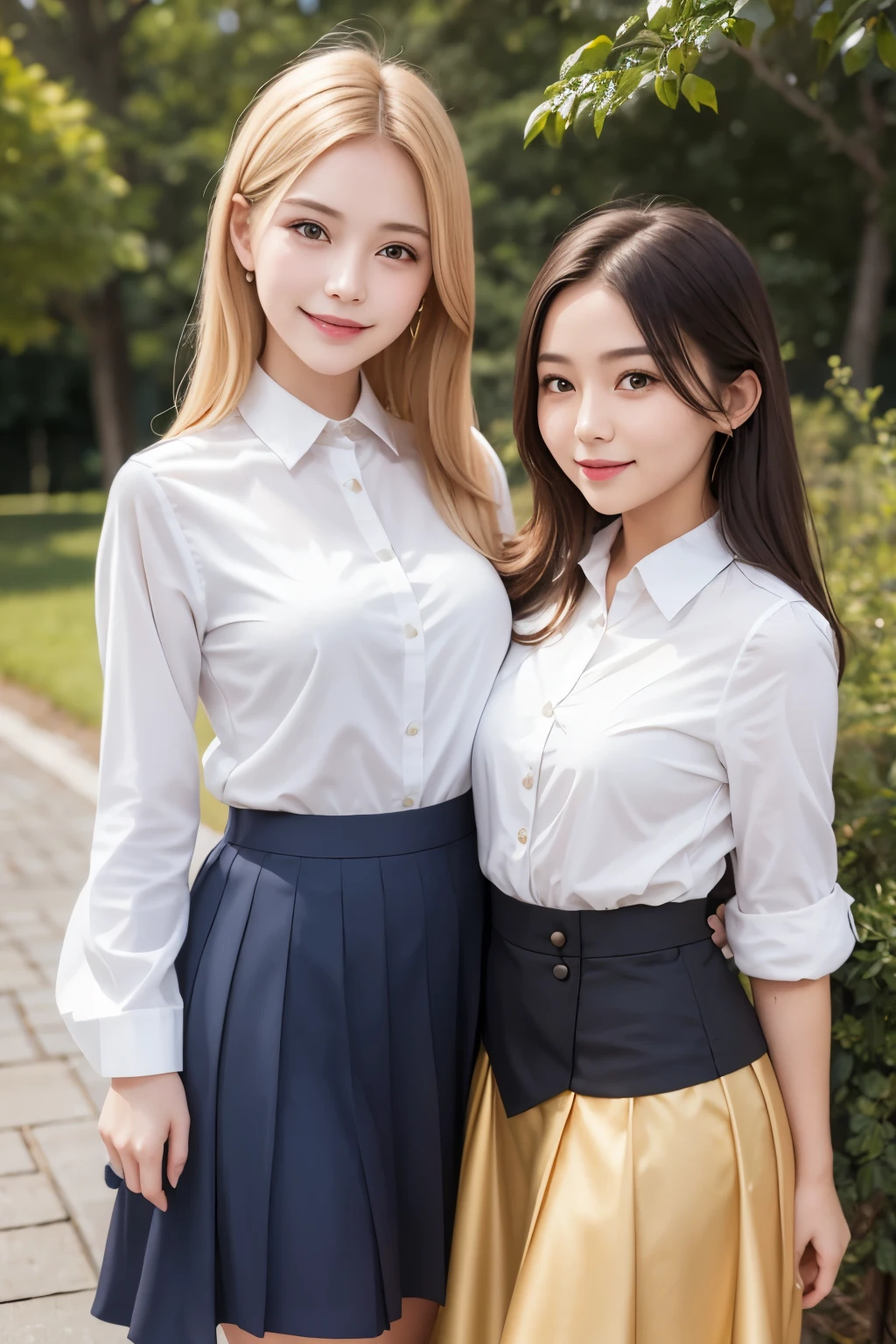 Girl and girl, ((uniform)), blouse, golden hair, lifts skirt, light smile, outdoors,