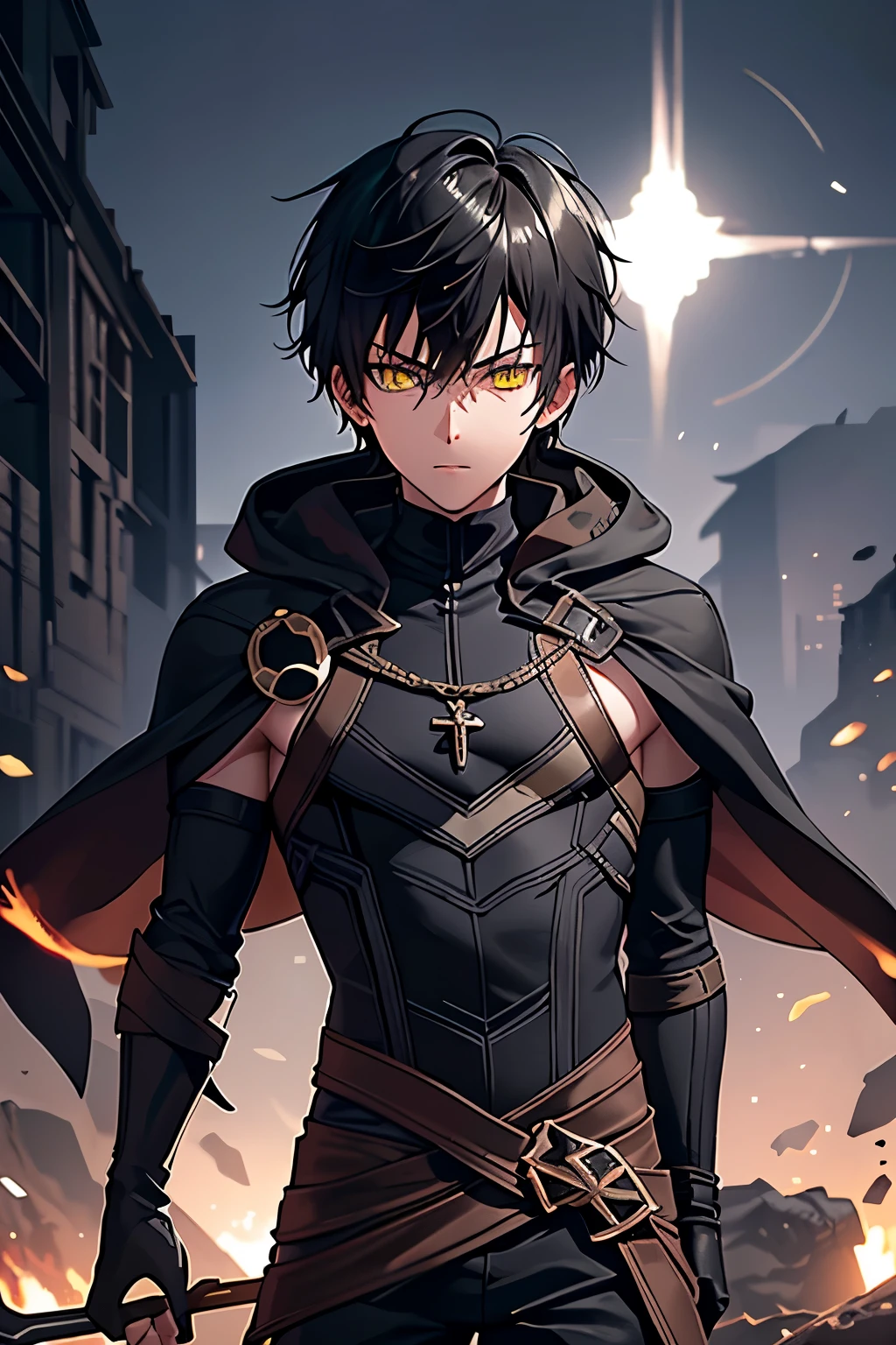 (high-quality, breathtaking),(expressive eyes, perfect face) ((1boy)), male, solo, young adult, black hair, yellow eyes, (short spiky hairstyles) short hair length, (dark skin), soft serious expression, Archer profession, thief attire, cargo pants, lots of belts, Black leather armor, cloak and dagger, environment background, fantasy clothing, fantasy attire, DnD rogue Class, half body, black and brown clothing palette, ((tan skin color)), rogue, leather arm guards, fantasy, (big Stigmata), character focus, ((black light)),((dark lighting)), cinematic lighting ,(darkness), (concept art), (glowing eyes), high resolution, extremely detailed CG unity 8k wallpaper, ((masterpiece)), ((top-quality)), (beautiful illustration), ((an extremely delicate and beautiful)), (masterpiece, Best quality, ultra high resolution), glowing yellow eyes, Luminous_eyes, ultra detailed eyes, Beautiful and detailed face, detailed eyes, (Centered, torso), (wide shot:0.9), facing the viewer, Eye level, ((fully clothed))
