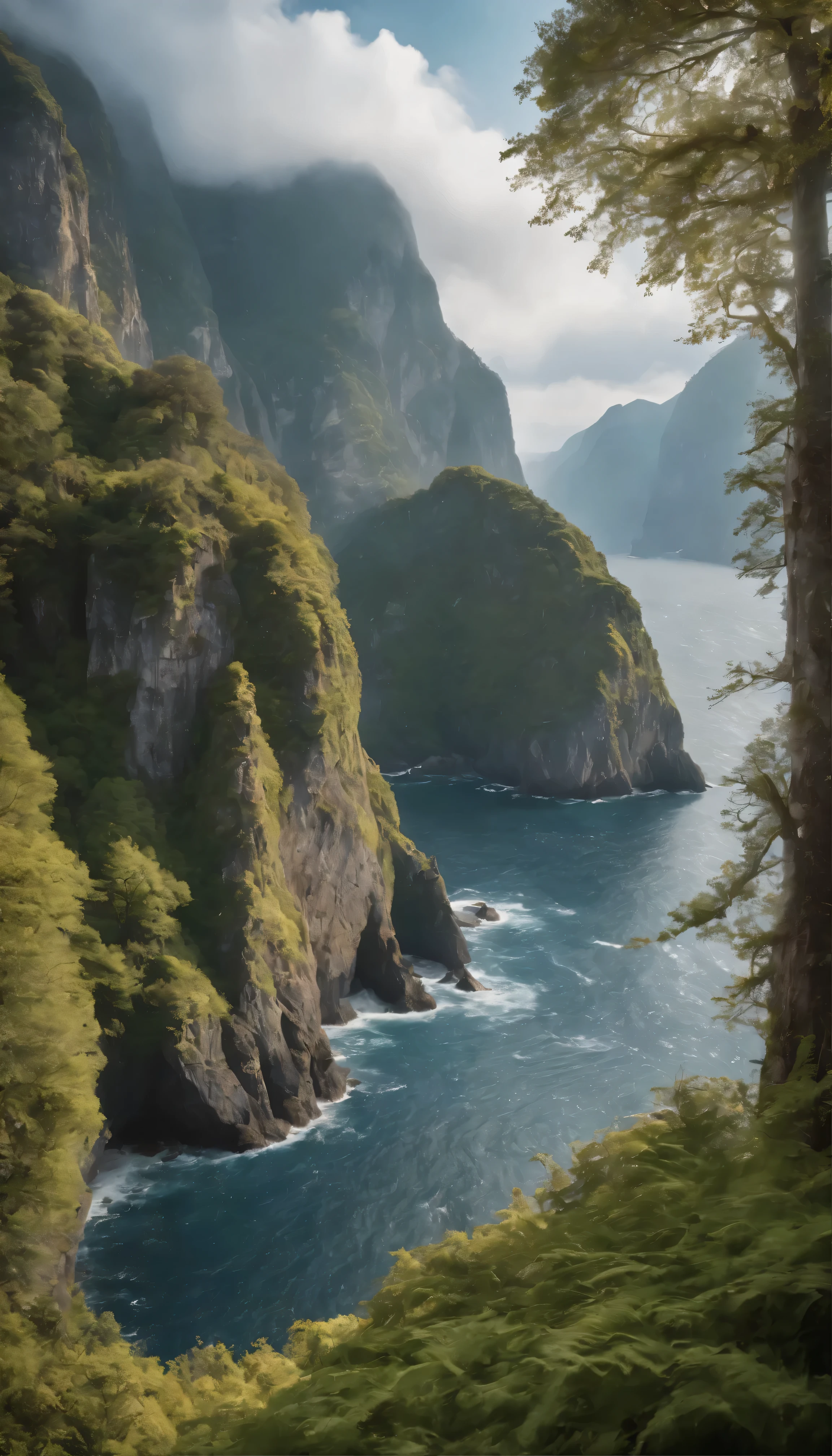 High definition images、The Complexity of Towering Cliffs、The texture、Experience rugged surfaces come to life in stunning detail。The play of light and shadow on vertical surfaces、Delicate plumes of moss and lichen、Then, gaze upon the tantalizing glimpses of the deep blue ocean below.。This masterpiece is、With its dramatic composition and vivid depiction,、A must-see for anyone who admires the grandeur of nature。(High definition、Trending on Artstation、Immersive、Ultra HD、Dramatic lighting、Exquisite texture、Award-winning、Ultra-realistic)