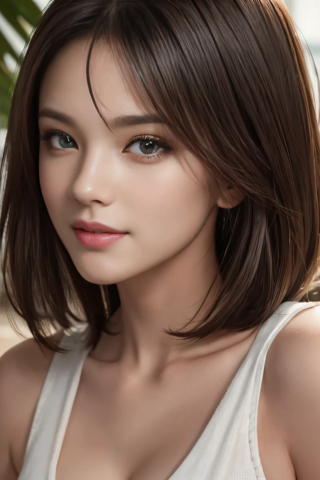 Fashion model 25 years old [[[[close-up]]], [[[[chest]]]], [[[[neck]]], [shoulders]]]]], Perfect eyes, Perfect iris, Perfect lips, Perfect teeth, Perfect skin, Soft front light, Glow, HDR, (Soft color: 1.2), Best quality, masterpiece, ultra high res, (photorealistic:1.37), raw photo, 1girl, long hair, beautifull eyes, beautifull face, detailed eyes and face, t-shirt, dynamic lighting, in the dark, table top, highest quality, realistic, Super detailed, finely, High resolution, 8k wallpaper, 1 beautiful woman, light brown messy hair, He is wearing an open-necked shirt., sharp focus, perfect dynamic composition, beautiful and detailed eyes, thin hair, Detailed realistic skin texture, smile, Upper Body, model body shape, mile, close-up portrait, model body shape, body shape,cleavage, tropical beach, thin and long legs Translated with DeepL.com (free version)Top Quality, Masterpiece, (Realistic:1.2), 1 girl, detailed face, beautiful eyes, (Masterpiece:1.2, Top Quality), (fine beautiful eyes: 1. 2), (highly detailed Cg Unity 8K wallpaper, Masterpiece, Top Quality, super detailed, best shadow), (detailed background), (beautiful detailed face, beautiful detailed eyes), high contrast, (best lighting, very delicate and beautiful),1girll, beautiful detailed glow, glamorous body, blond hair, purple eyes, best quality, Masterpiece, (Real:1. 2),tropical seaside, very detailed, super high resolution, super high image quality,
(masterpiece:1.3), (8k, photorealistic, RAW photo, best quality: 1.4), (1girl), beautiful face, smile, (realistic face), (black hair, short hair:1.3), beautiful hairstyle, realistic eyes, beautiful detailed eyes, (realistic skin), beautiful skin, (Sexy sleeveless),  (F cup bust), absurdres, attractive, ultra high res, ultra realistic, highly detailed, golden ratio