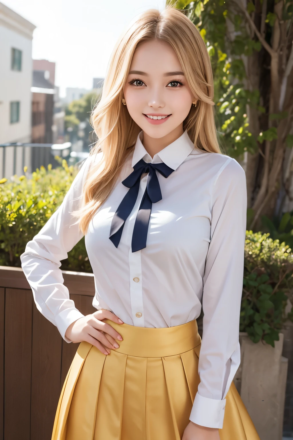 Girl and girl, ((uniform)), blouse, golden hair, lifts skirt, light smile, outdoors,