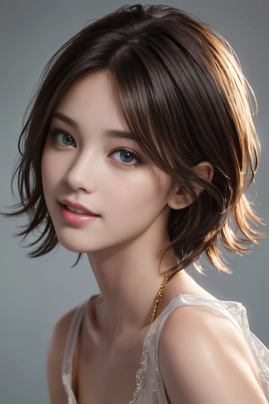 Fashion model 25 years old [[[[close-up]]], [[[[chest]]]], [[[[neck]]], [shoulders]]]]], Perfect eyes, Perfect iris, Perfect lips, Perfect teeth, Perfect skin, Soft front light, Glow, HDR, (Soft color: 1.2), Best quality, masterpiece, ultra high res, (photorealistic:1.37), raw photo, 1girl, long hair, beautifull eyes, beautifull face, detailed eyes and face, t-shirt, dynamic lighting, in the dark, table top, highest quality, realistic, Super detailed, finely, High resolution, 8k wallpaper, 1 beautiful woman, light brown messy hair, He is wearing an open-necked shirt., sharp focus, perfect dynamic composition, beautiful and detailed eyes, thin hair, Detailed realistic skin texture, smile, Upper Body, model body shape, mile, close-up portrait, model body shape, body shape,cleavage, tropical beach, thin and long legs Translated with DeepL.com (free version)Top Quality, Masterpiece, (Realistic:1.2), 1 girl, detailed face, beautiful eyes, (Masterpiece:1.2, Top Quality), (fine beautiful eyes: 1. 2), (highly detailed Cg Unity 8K wallpaper, Masterpiece, Top Quality, super detailed, best shadow), (detailed background), (beautiful detailed face, beautiful detailed eyes), high contrast, (best lighting, very delicate and beautiful),1girll, beautiful detailed glow, glamorous body, blond hair, purple eyes, best quality, Masterpiece, (Real:1. 2),tropical seaside, very detailed, super high resolution, super high image quality,
(masterpiece:1.3), (8k, photorealistic, RAW photo, best quality: 1.4), (1girl), beautiful face, smile, (realistic face), (black hair, short hair:1.3), beautiful hairstyle, realistic eyes, beautiful detailed eyes, (realistic skin), beautiful skin, (Sexy sleeveless),  (F cup bust), absurdres, attractive, ultra high res, ultra realistic, highly detailed, golden ratio