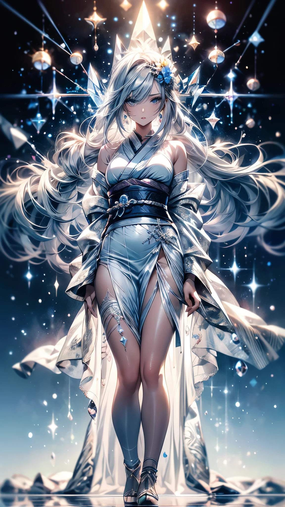 (Ultra-delicate), (Clear focus), (high resolution), Deformed depth of field blurred background, Detailed background, Perfect layer cutting, Atmospheric distance sense, (((full-body shot))), wallpaper, (((Silver hair gradient streaked light blue end))), Cute beauty face, (focus on face), Ultra-detailed facial texture, ((Clear light blue eyes)), thin eyebrows, long upper eyelashes, double eyelids, Upper Eye, High-fidelity eyes, (Super detailed eyes), y and attractive lips, Richly detailed lips, White skin, delicate skin, Micro light, complicated, familiar, black magician, particle, constellation, Stardust, universe, ((flower)), comfortable peace, peaceful, Japan, Himiko, kimono, With crystal, Fortune Telling, time and space, artistic, 8K