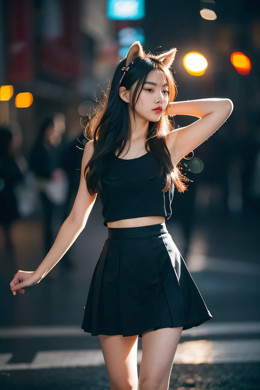 (8k, original photo, best quality, masterpiece:1.4), Ultra-high resolution, (Practical, photo-Practical:1.48),Ortosa,1 Girl,(Hallyu idol), (Egiosar:1),Lovely, (super Bokeh night city center:1.25), Bokeh, night, traffic light, Road signs, rain, after rain, wet, Professional lighting, Detailed lighting, Photon Mapping, Radiosity, Physically Based Rendering,black pantyhose flowers, Backlight, Depth of Field, natural lighting, Hard Focus, film grain, One meter shooting distance, Professional photography, Shot with a Sony a9 II mirrorless camera, Delicate eyes, Practical eyes, Detailed shadows, Looking at the audience, Dog ears, Detailed lighting, skirt, black skirt, High Leg Raise, black High Leg Raise, (Detailed hair, Practical hair, Practical lighting, Practical shadow, Practical outfit), Practical skin, (Sabble at the waist:1), Practical reflection of light from above, ((Put your hands behind your back)),(Put your hands behind your back),Pipe top,Sexy
