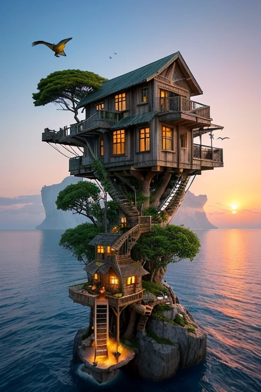 Perfection The Coolest Tree house on a large rock in the middle of the sea with sunset, waterfall, bird flying, airroplan flying flowers in front of the house and trees on both sides of the house