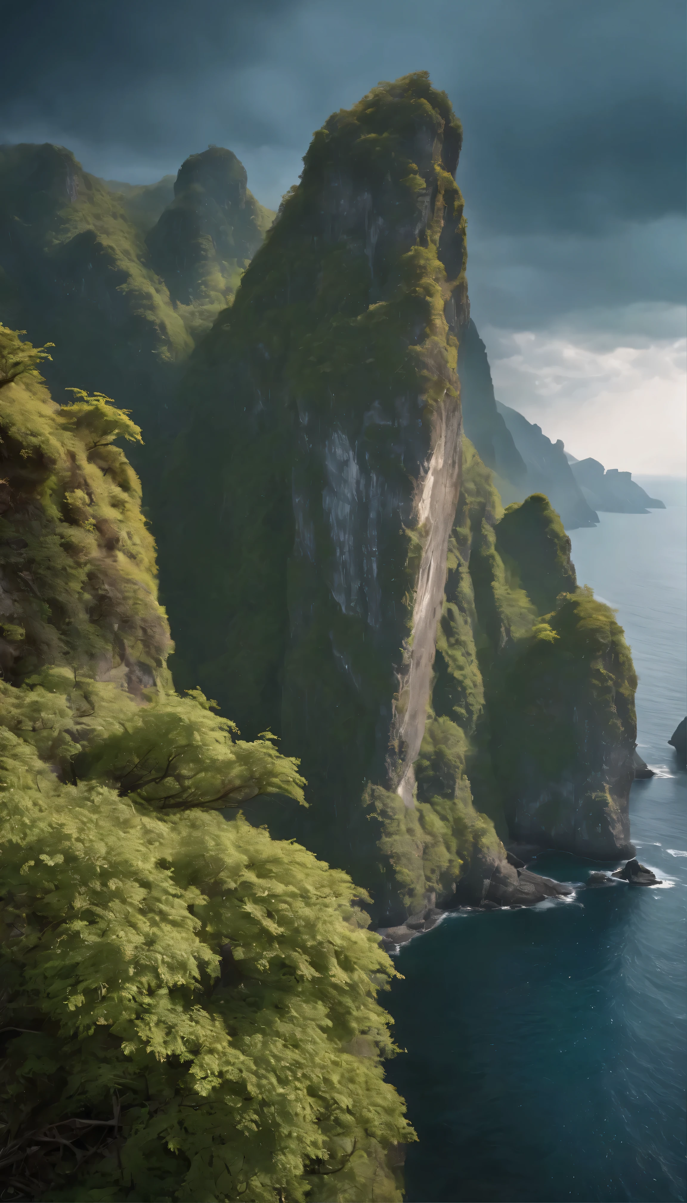 High definition images、The Complexity of Towering Cliffs、The texture、Experience rugged surfaces come to life in stunning detail。The play of light and shadow on vertical surfaces、Delicate plumes of moss and lichen、Then, gaze upon the tantalizing glimpses of the deep blue ocean below.。This masterpiece is、With its dramatic composition and vivid depiction,、A must-see for anyone who admires the grandeur of nature。(High definition、Trending on Artstation、Immersive、Ultra HD、Dramatic lighting、Exquisite texture、Award-winning、Ultra-realistic)