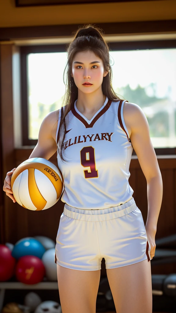 Photorealistic, Ultra realistic, 16k, high quality, cinematic lights, dream atmosphere, dream aesthetic, 1girl, realistically, high resolution, soft light, fair, Tempting, Sexy, White Americans, 18 years old, Tall and thin, Wearing USC volleyball uniform, stand completely, in the gym, face camera, silky pale-brown hair, flushed skin illuminated, realistic textured skin, realistic shading, women's volleyball tight uniform, sweaty, large natural breasts, realistic textures, belt, 16k resolution, detailed face and eyes, muscular female body, strong arms, lean belly, big hips, muscular thighs, thick legs, full body, realistic, style-paintmagic, different positions at different types of angles. 