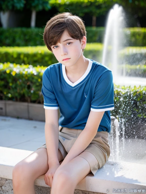 A beautiful and very tender -yeld boith white skin, small blue eyes., light brown hair fine and serious features t-shirt above defined chest short black shorts next to a fountain strong legs