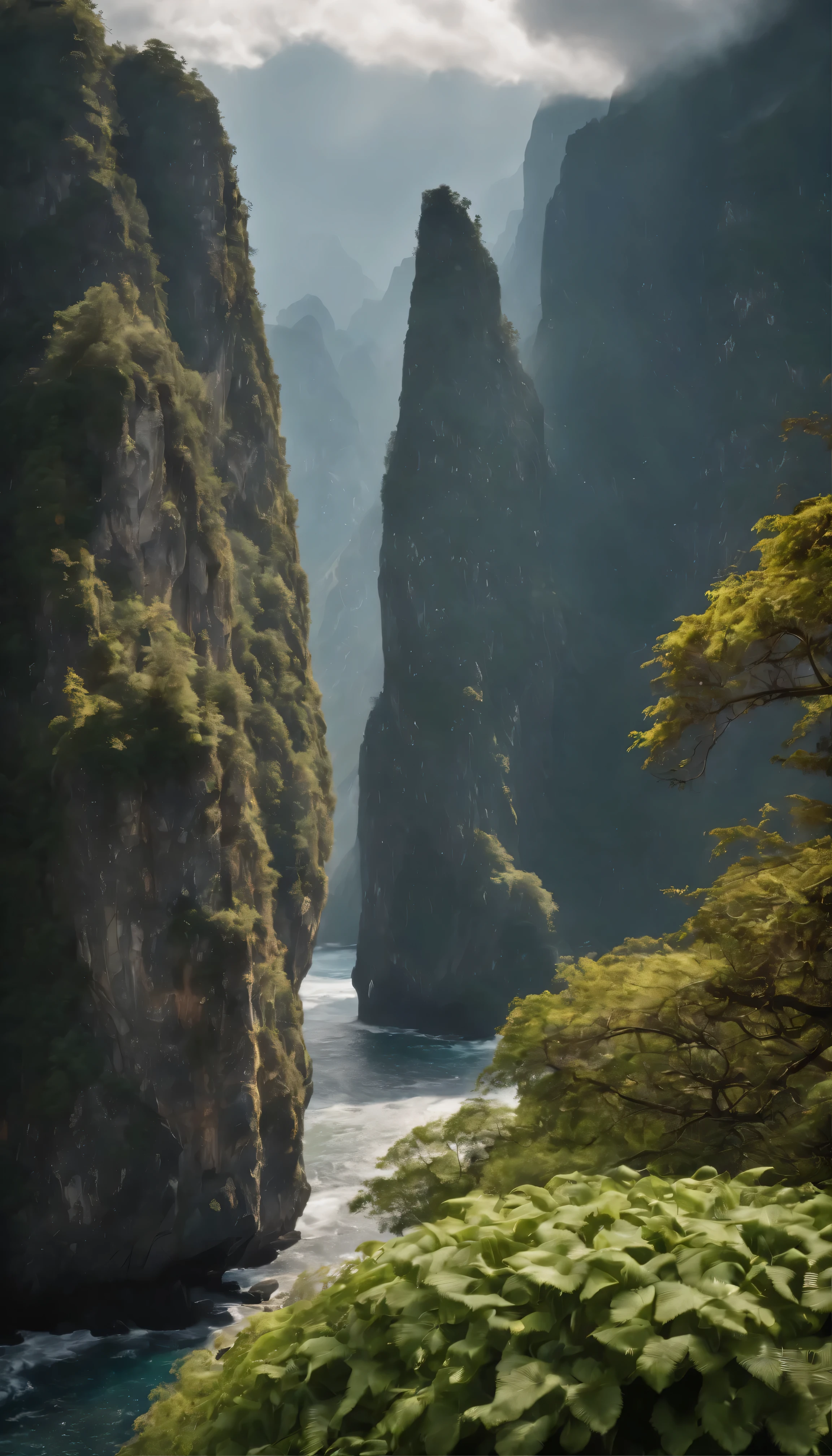 High definition images、The Complexity of Towering Cliffs、The texture、Experience rugged surfaces come to life in stunning detail。The play of light and shadow on vertical surfaces、Delicate plumes of moss and lichen、Then, gaze upon the tantalizing glimpses of the deep blue ocean below.。This masterpiece is、With its dramatic composition and vivid depiction,、A must-see for anyone who admires the grandeur of nature。(High definition、Trending on Artstation、Immersive、Ultra HD、Dramatic lighting、Exquisite texture、Award-winning、Ultra-realistic)