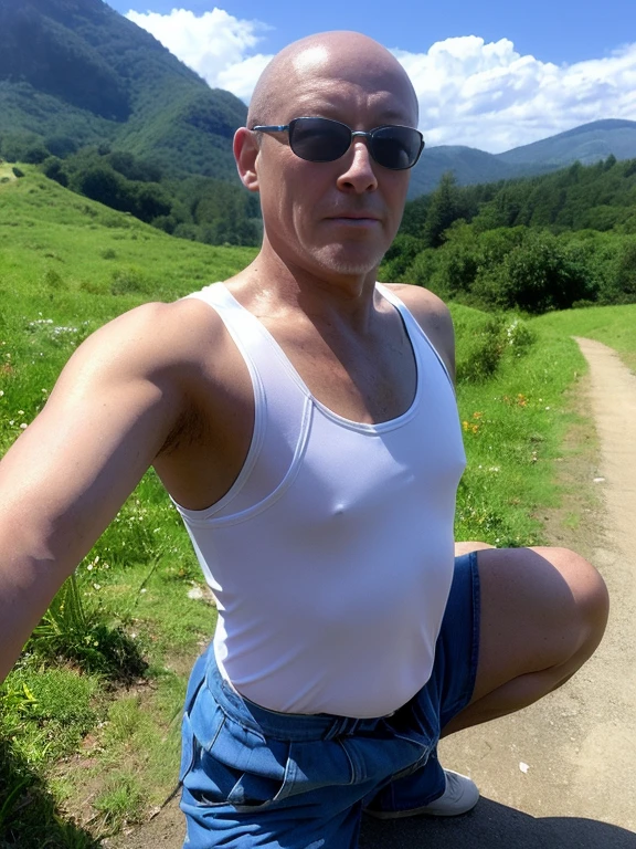 Japan Ga Done,Cowboy Shot, 1 person,On the mountain path,dark,evening, Front view, (Looking at the audience,歳male性、male,bald,Japanese,Tank top, Bottomless,can,male性の白いブリーフ, Sweat vapor,Embarrassing,Squat),No women