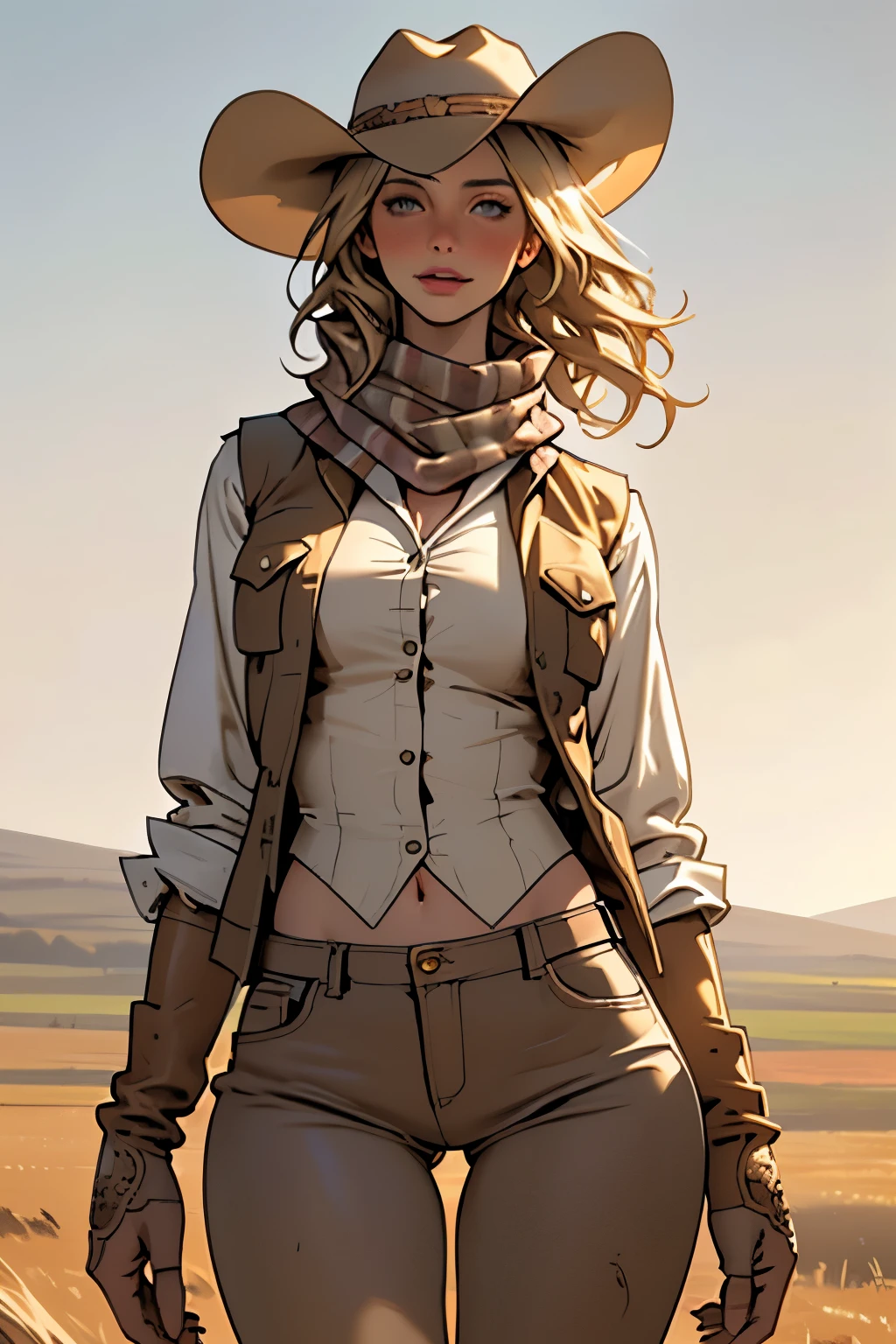 (highest quality, Super detailed, realistic:1.37), outdoor, girl, muddy, detailed and beautiful eyes, beautiful detailed lips, cowboy hat, vest with fringes, slim waist, slender thighs, thigh gap, slim thighs, show belly, pants, scarf, With confidence, medium chest, dusty farm landscape, golden hour lighting