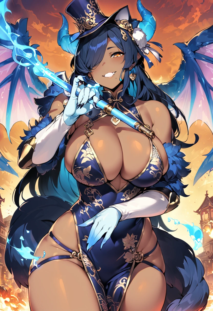 8k_wallpaper, extremely detailed eyes, extremely detailed body, (large masterpiece digital art), (detailed manga illustration), (detailed line art), ((perfect anatomy)), (intricate details:1.3), (ultra-detailed:1.3), (illustration:1.3), (sharp focus:1.3), (natural lighting:1.05), (vivid colors:1.3), (masterpiece), (best quality:1.4), (perfect anatomy:1.4), high quality, expressive eyes, full body, detailed face, beautiful face, perfect face, 1girl, dark skin, animal ears, black sclera, smile, colored sclera, breasts, solo, monster girl, black hair, (wolf ears), large breasts, curvy, wide hips, long hair, ((gold eyes)), claws, grin, fur, looking at viewer, collar, dynamic pose, tail, wolf tail, dragon horns, wings, sadistic smile, hair over eye, {regal outfit}, tiny top hat, (hellscape background), blue fire, curvy, china dress, dark skin,