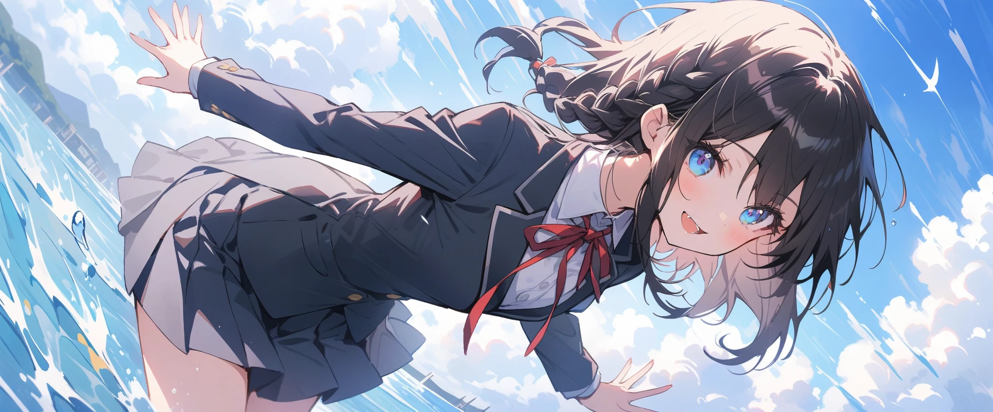 Anime girl in a short skirt flying through the air - SeaArt AI