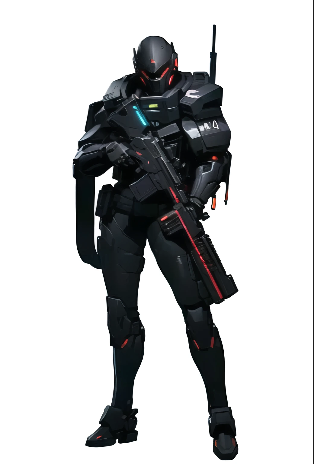 Close-up of a person with a gun and helmet., cyberpunk soldier, opposite art characters, Wear armor to hide., Devil - Spirit, Black scales and cyborg technology, cyberpunk knight, Intricate Assassin Mecha Armor, anime badass 8 k, Berserk Skull Knight Black Armor, The reaper from Overwatch, Metal Gear Solid anime Cyberpunk, Official character art
