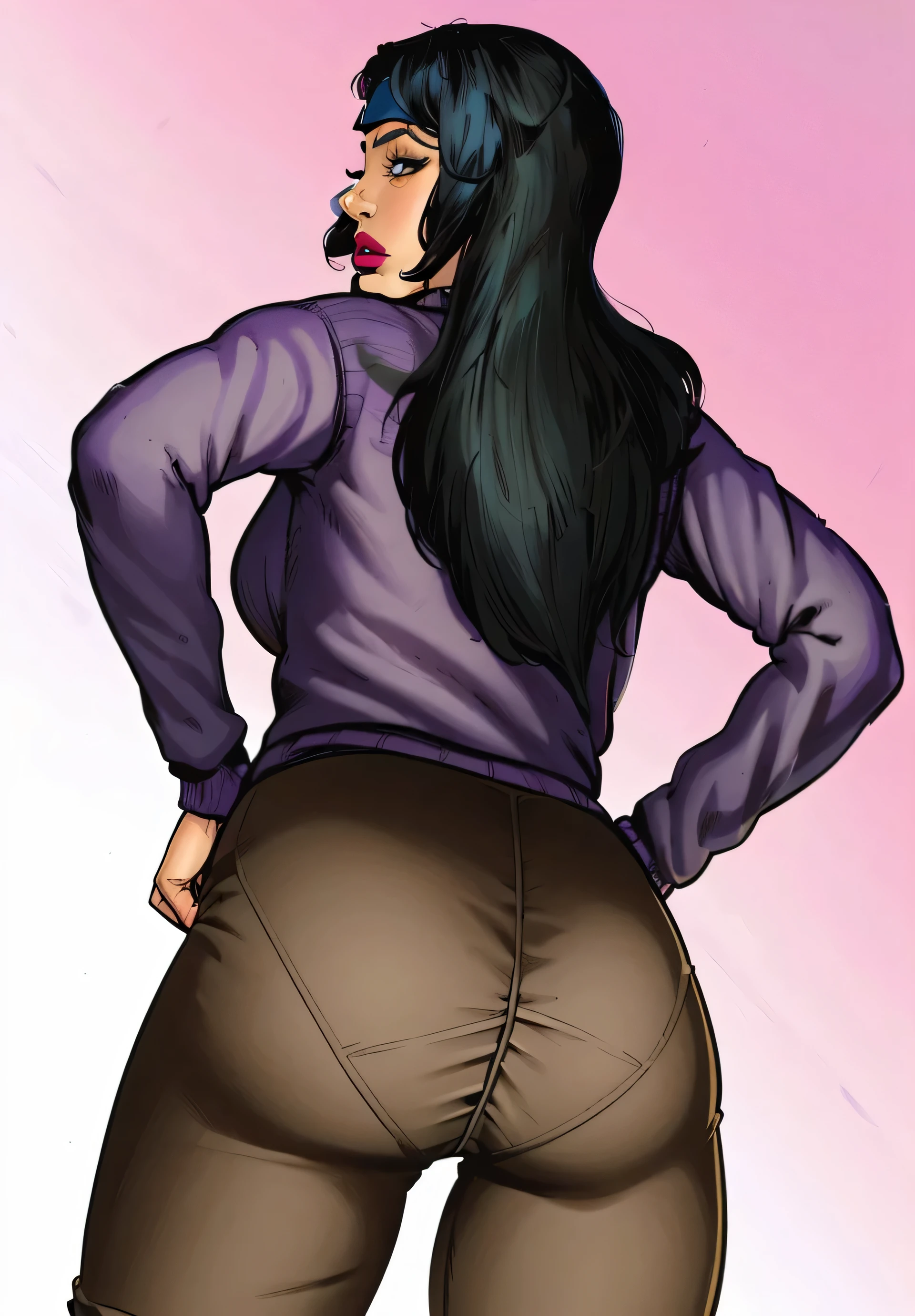 ((masterpiece, best quality)), ((((perfect anatomy)))), ((35 year old)), (((Curvy))), ((Latina with long black hair)), in ((purple sweater)), ((beige pants)), (((Noticeable visible panty line))),  purple lipstick, heavy eyeliner, standing in front of a gradient screen, (((comic book art style)))