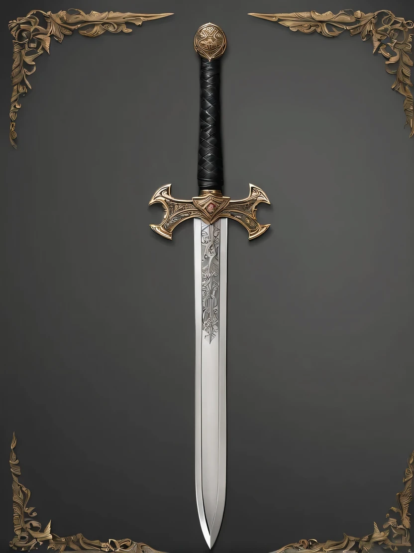 ((masterpiece、highest quality、Genuine、Very detailed、High resolution、Sharp focus、Photorealistic、Cinematic lighting))、((There are no people))、Fantasy RPG、Medieval Games、Game Icons、Black Background、(((Close-up of a sword)))、sacred sword decorated with gold、Sword of Steel、Long and large sword、medieval sword、Double-handed sword、Silver Sword、Gems embedded in the handle、Medieval weapons、Game Art