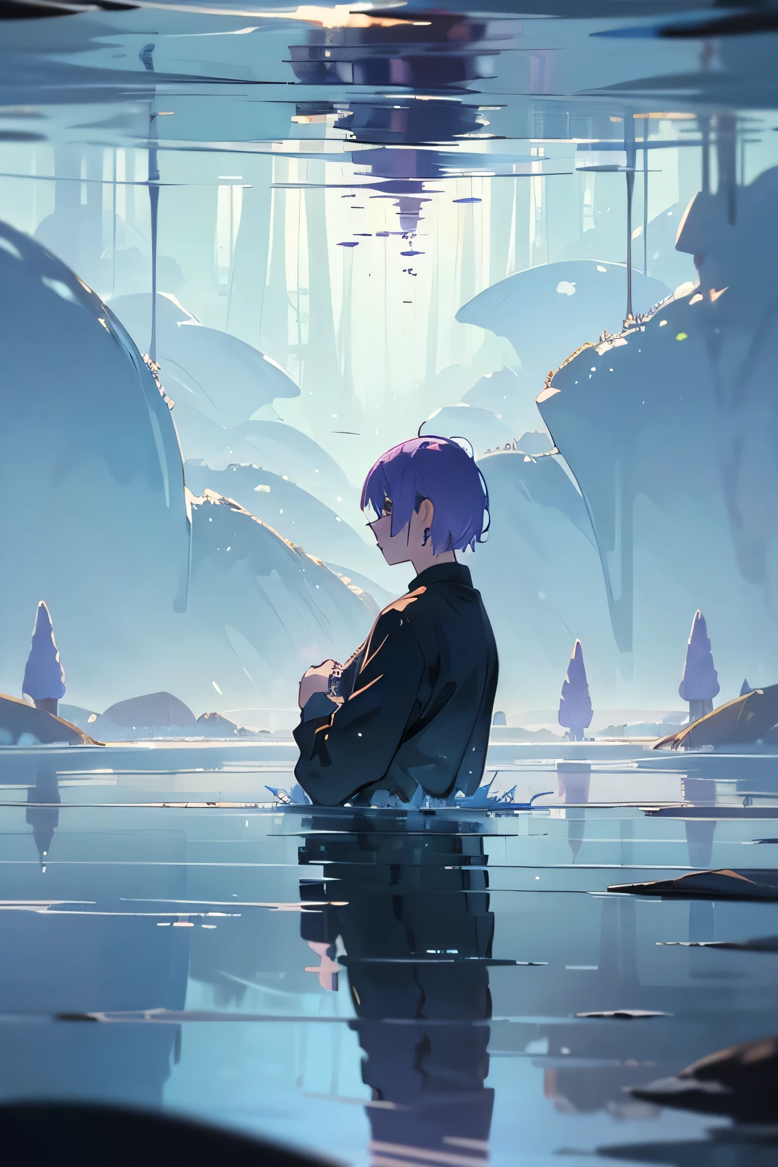 scenery,landscape,A man standing in the center,In the water,((In the water)) ,theme,Floating forest, reflection:1.2,((The head is touching the water surface above)),Purple short hair,Bouncy hair,Hair spreading on the water surface,
