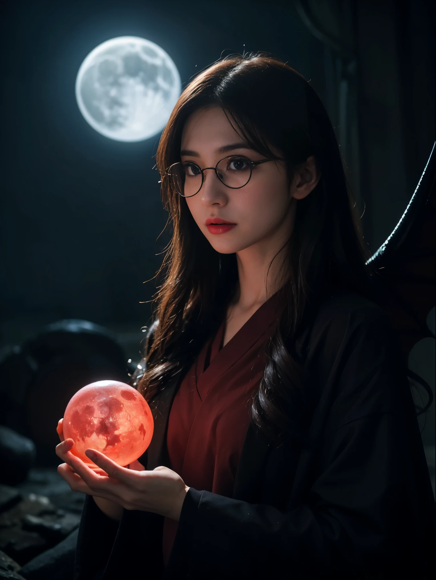 Dark Fantastic Night , Behind me is a big, Scary castle , Lots of bats , big, red, Fantastic Moon , Some cliffs , 2. A cave far from the cliff , Some stones , Broken pillars , There are many magical glowing stones around her , A dragon far away in the dark sky, Horror Scene , 美しい女性のdevil , redい魔法の非常に明るい目 , A small magical sphere glowing red in both hands at the same time , オーブを見つめる女性のdevil , Dark Big Wing , Very detailed顔 , ((((Round Glasses))))、 (Very detailedなシーン) , (Ultra-detailed orbs) , (Super beautiful face) , (Ultra-detailed Moon) , (Ultra-detailed castle) , (Ultra-precision needles) , (Very detailed wings) Blood splattered on the body, Pale face , Dark Red Lip , Black Devil Wear , Shaped body , 彼女の周りのredい魔法 , redマナのローテーション、highest quality, Very detailed, Realistic, Portraiture, Dark and spooky atmosphere, Glowing Eyes, spiritual being, Unforgettable美しい, Ghostly figures, Swirling Mist, 超nature的存在, devil'nature, Shadow-like shape, Spooky whispers, Ominous Aura, Eerie pale skin, Dark and twisted branches, Flickering candle light, Spooky elements, Mysterious and enigmatic, Spectral emergence, Gothic art style, charm, Spectral range, Extreme depression, Otherworldly beauty, Mysterious glow, Unforgettable'Don't forget, Cold atmosphere, Spooky and ominous lighting.