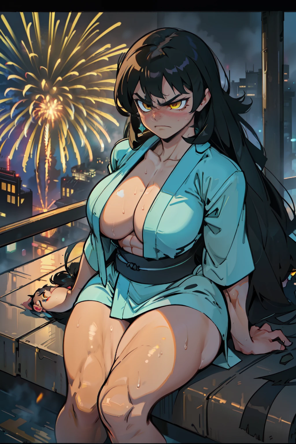 (((((1 girl, muscular))))), ((thick thighs, huge breasts, very long hair)), black hair, yellow eyes, solo, sweaty, shiny skin, steamy, foggy, angry, sitting, kimono, fireworks, city overview, (dark atmosphere)
