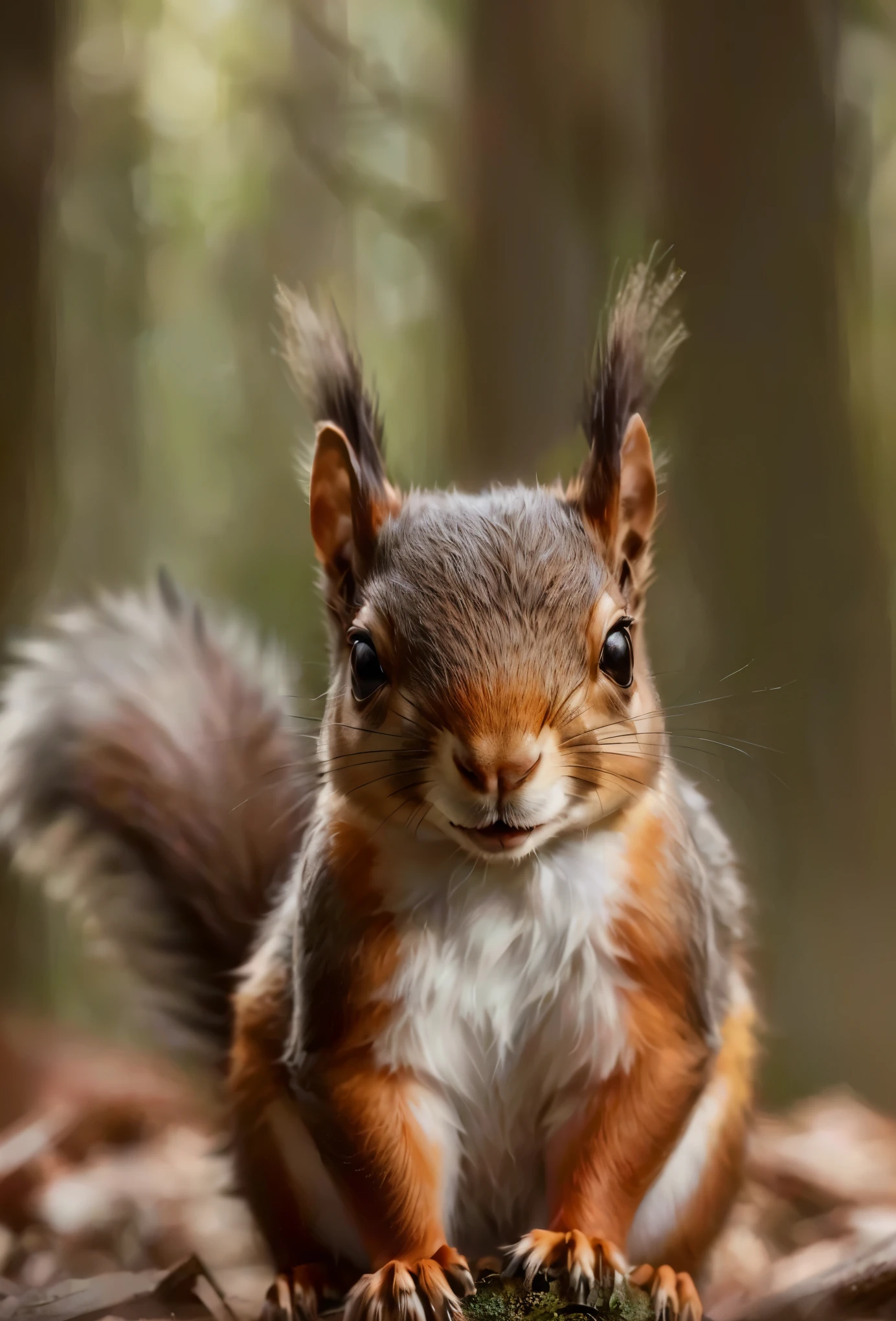there is a squirrel that is standing on a tree stump, squirrel, charming close-up, Close-up portrait shot, looking straight into the camera, the squirrel king, Close-up portrait, frontal portrait, is looking at the camera, front portrait, looking straight into the camera, looks at the camera, An Inquisitive Eye, close-up photo, looking at the camera, Close-up portrait shot